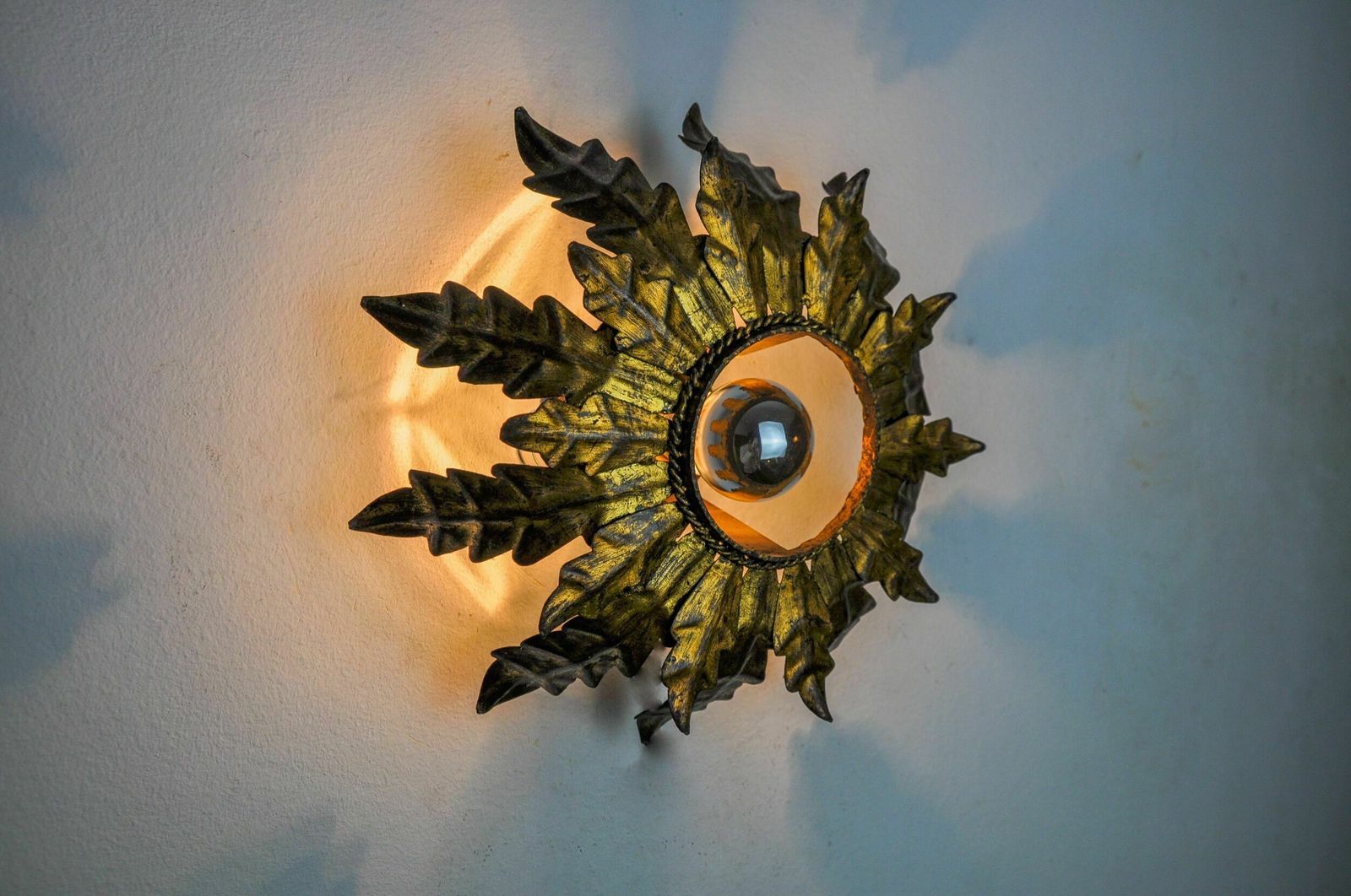 Sun Wall Lamp By Ferro Arte, Metal And Gold Leaf, Spain, 1960 photo buy