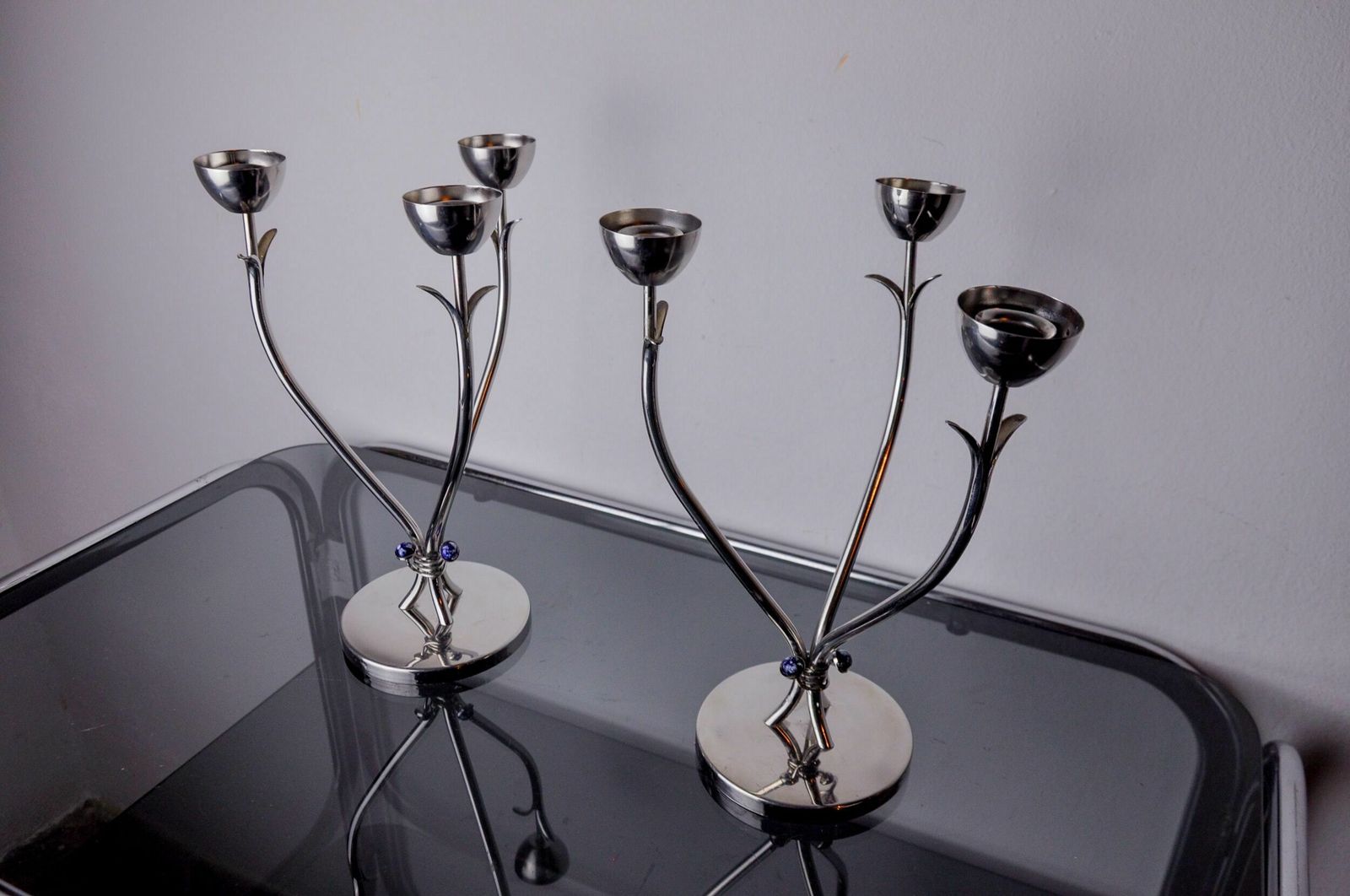 Pair Of Art Deco Candlesticks In Stainless Steel 3 Flames And Blue Stones, Spain, 1970 photo 951.0