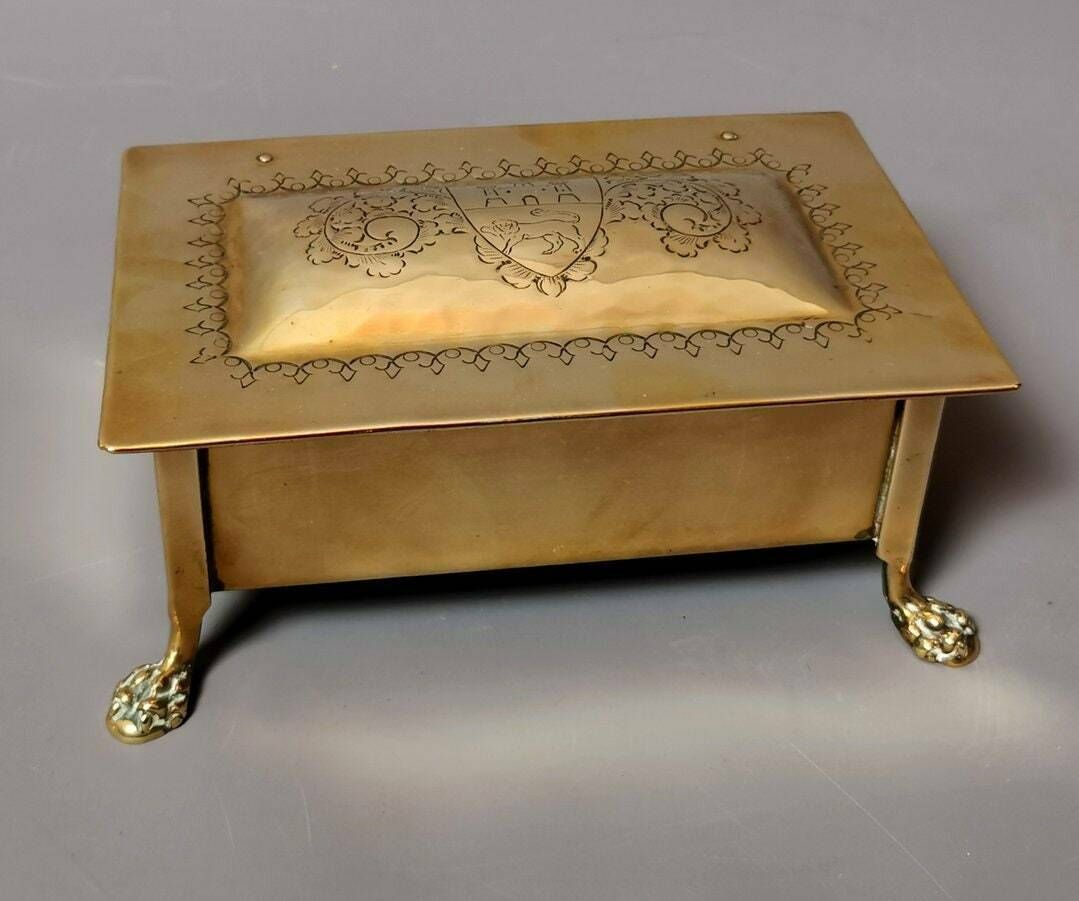 Antique Brass Tobacco Box, Heraldic, Table Top, Lion Paw Feet photo furniture
