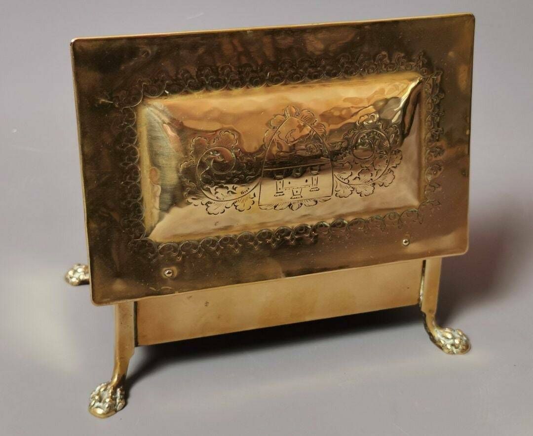 Antique Brass Tobacco Box, Heraldic, Table Top, Lion Paw Feet photo for sale