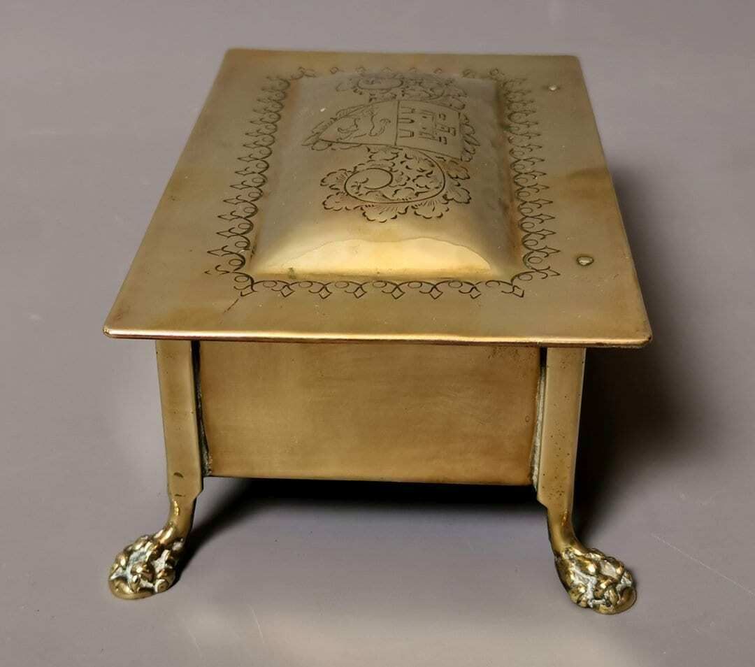 Antique Brass Tobacco Box, Heraldic, Table Top, Lion Paw Feet photo vintage
