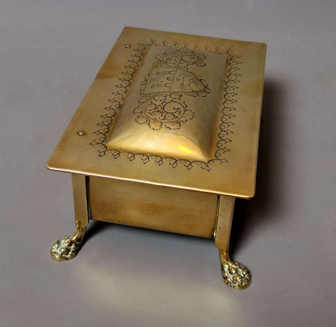photo for sale Antique Brass Tobacco Box, Heraldic, Table Top, Lion Paw Feet