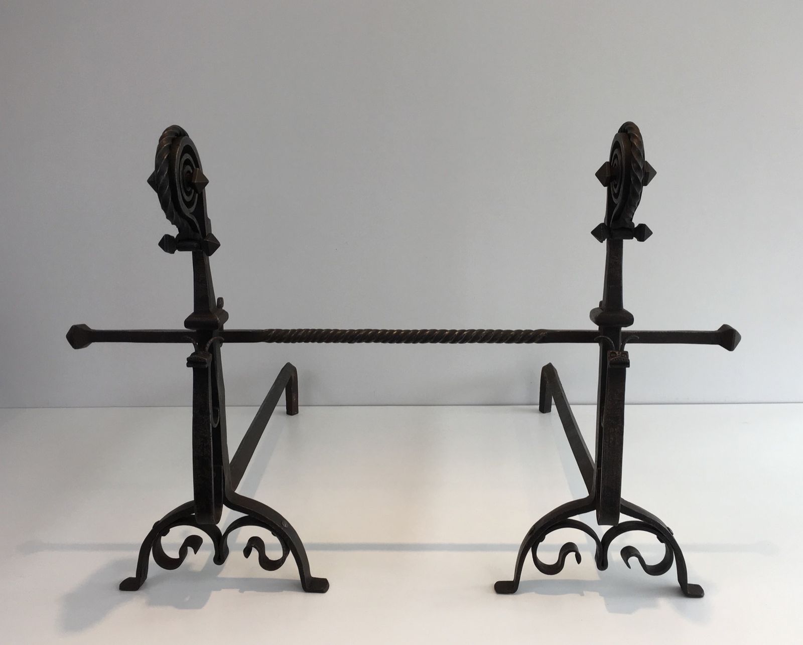 Pair Of Important Wrought Iron Andirons Representing A Snail photo Home Fixtures