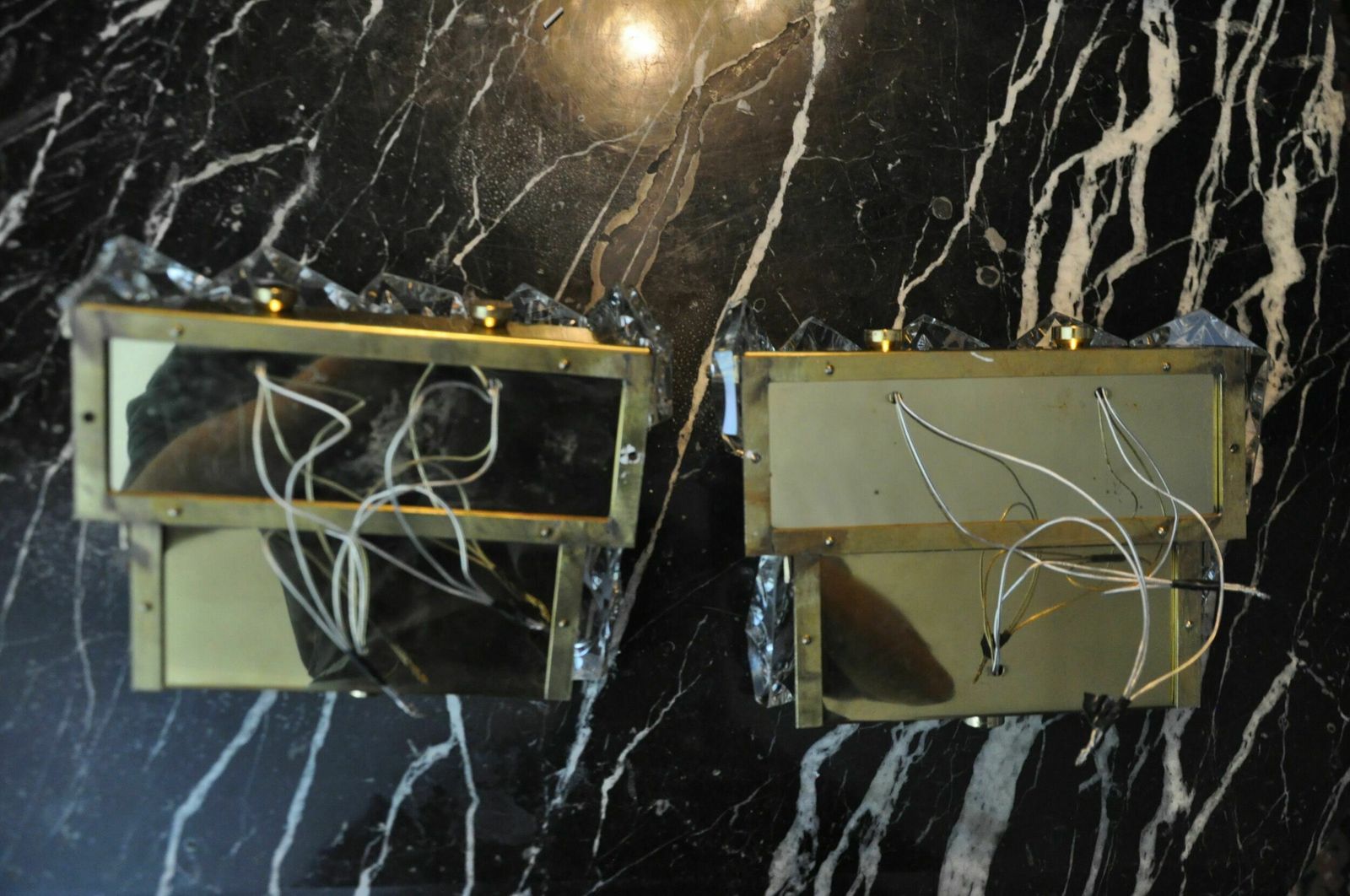 Pair Of Kinkeldey Sconces, 2 Levels, German Cut Crystals, 1970 photo vintage