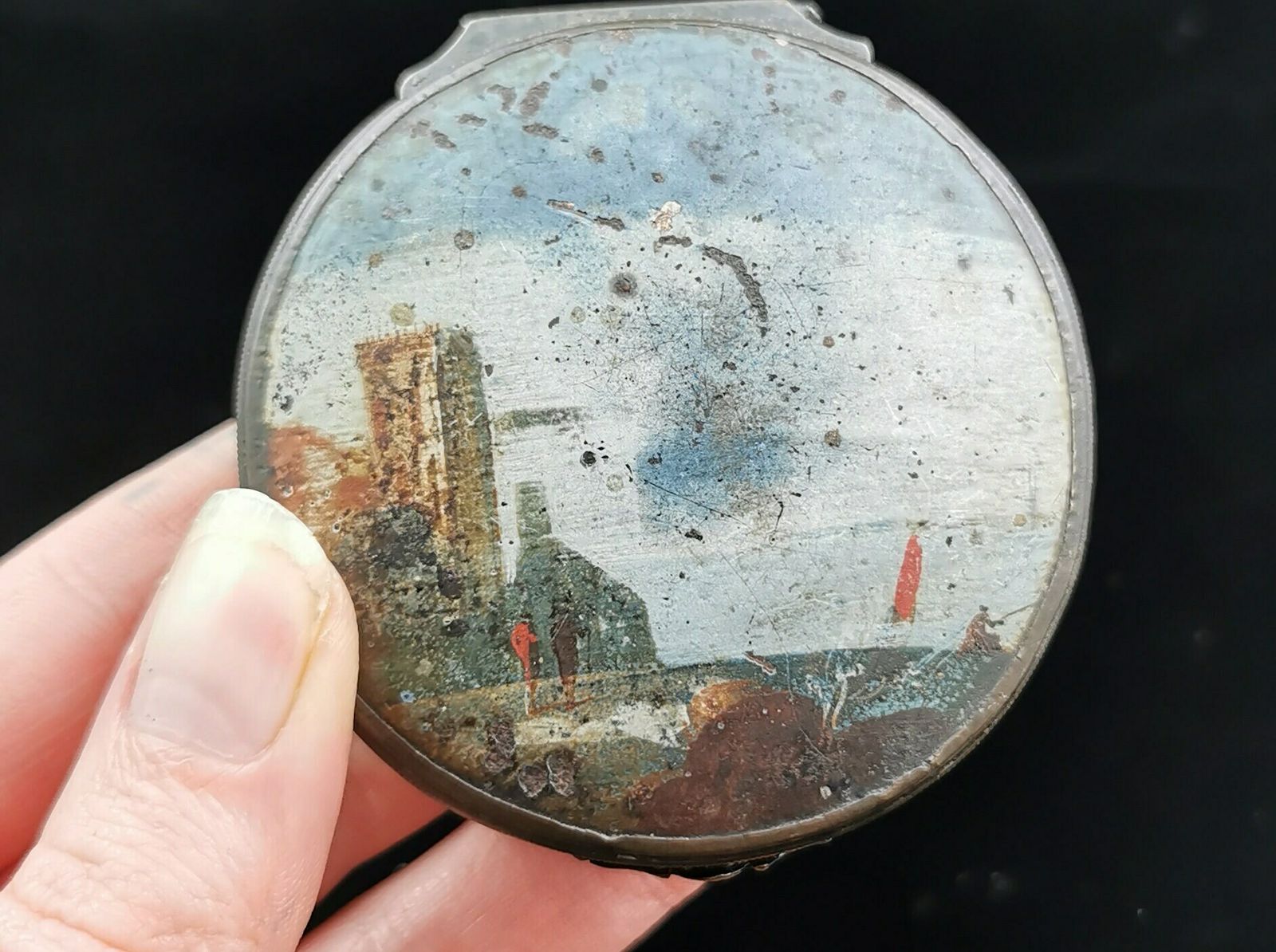 Antique Hand Painted Lacquered Snuff Box, Coastal Scene photo for sale