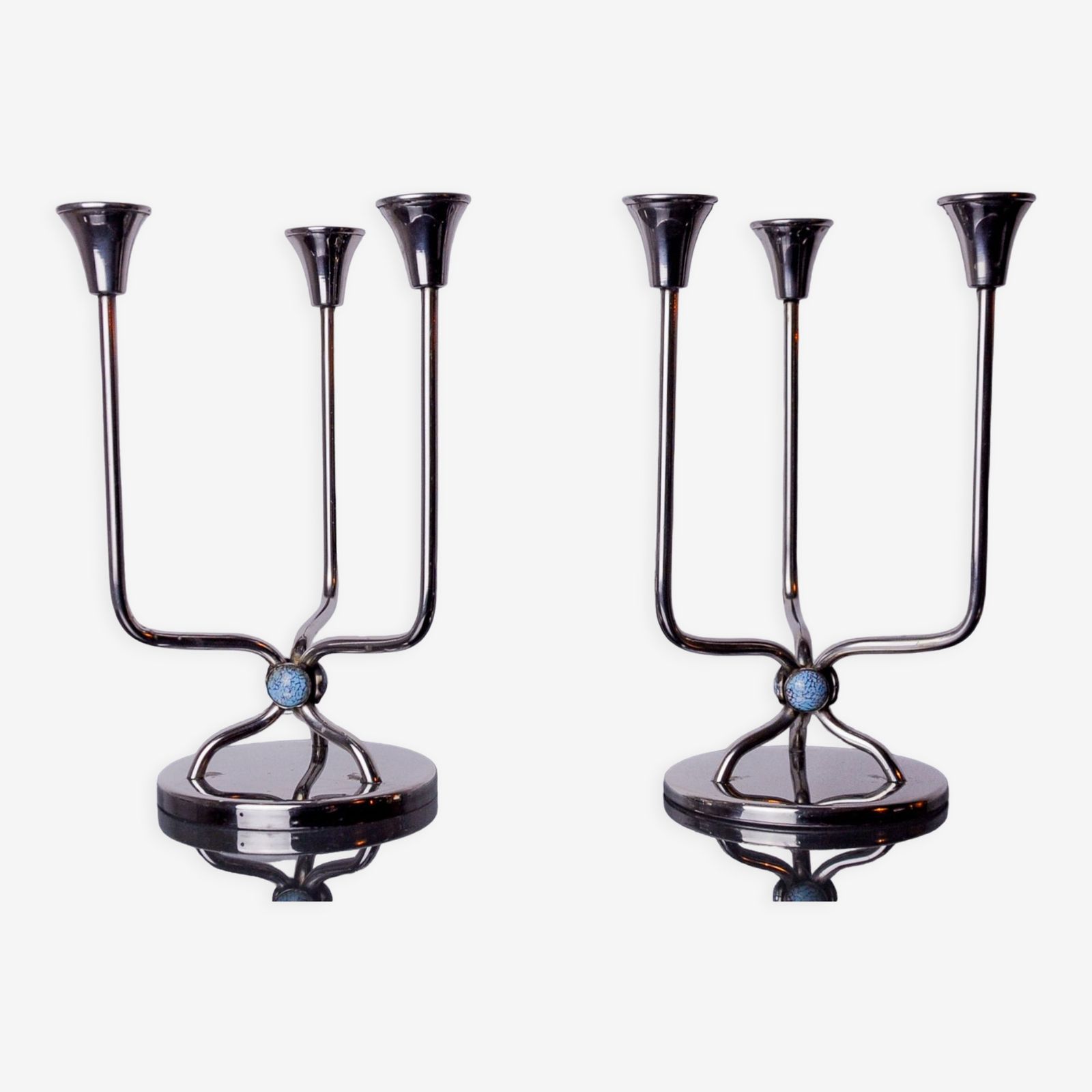 Pair Of Art Deco Candlesticks In Stainless Steel 3 Flames And Blue Stones, Spain, 1970