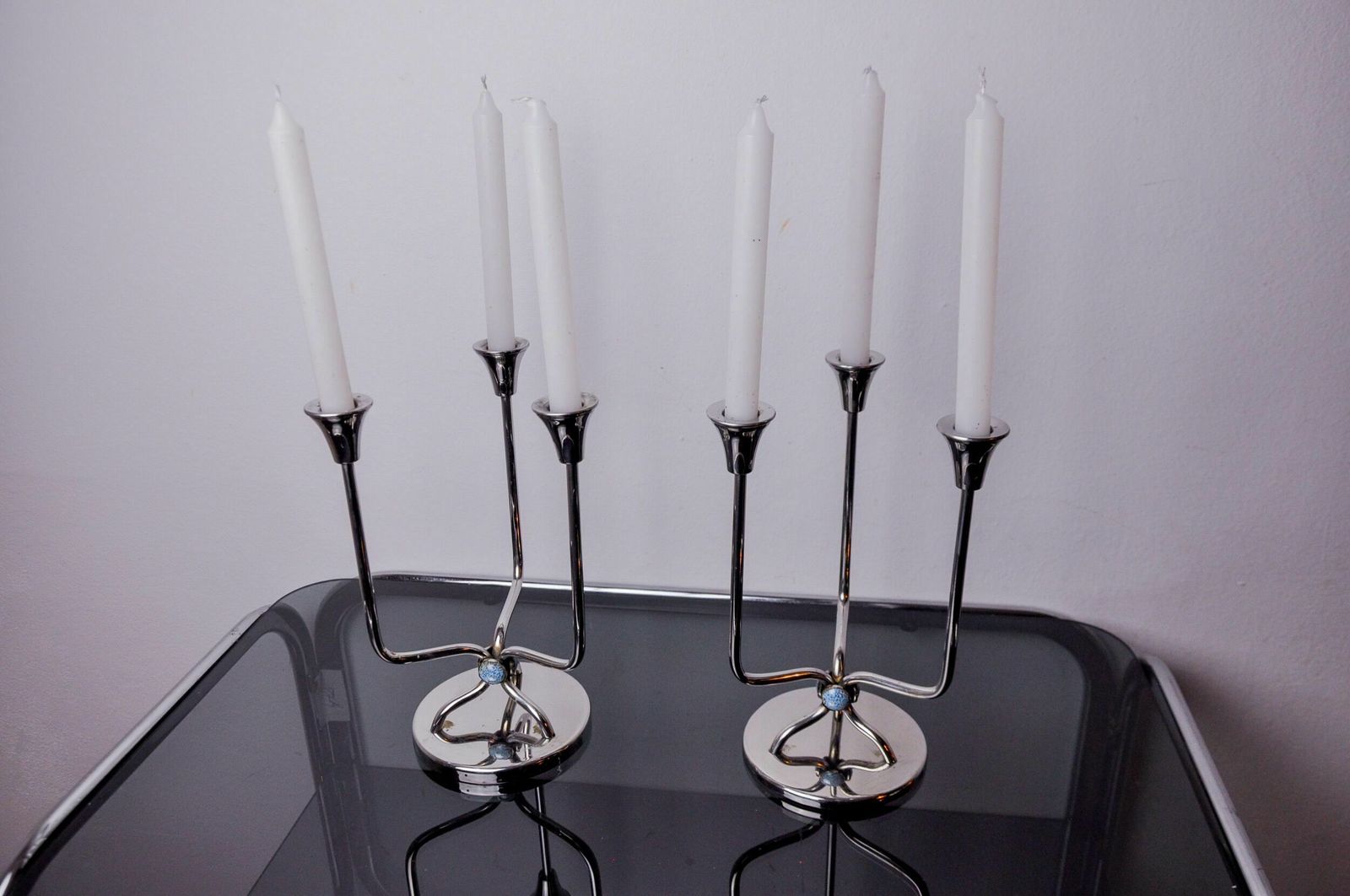 Pair Of Art Deco Candlesticks In Stainless Steel 3 Flames And Blue Stones, Spain, 1970 photo buy