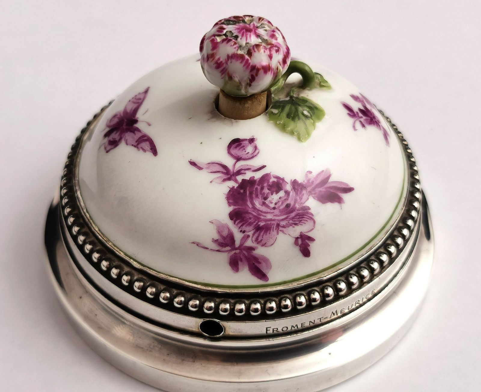 Antique French Silver And Ceramic Door Bell Push, Bell Ringer photo for sale