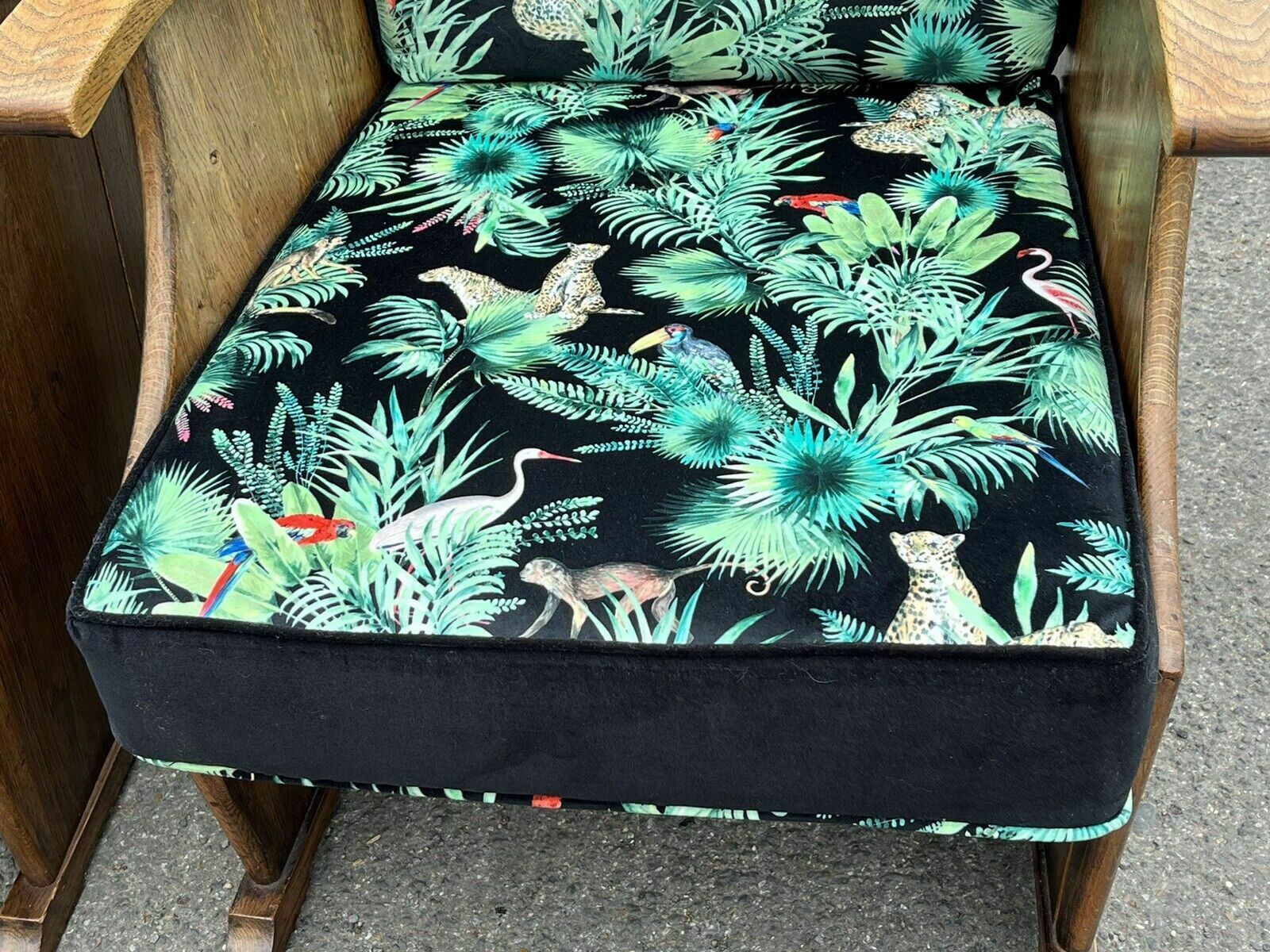 Mid Century Oak Armchairs Newly Upholstered In A Bright Jungle Print. photo for sale