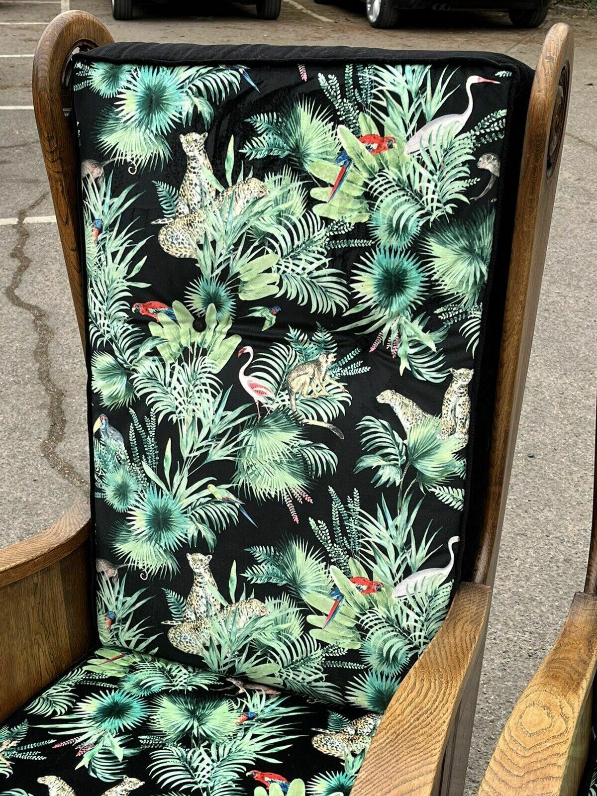 Mid Century Oak Armchairs Newly Upholstered In A Bright Jungle Print. photo 1995.0