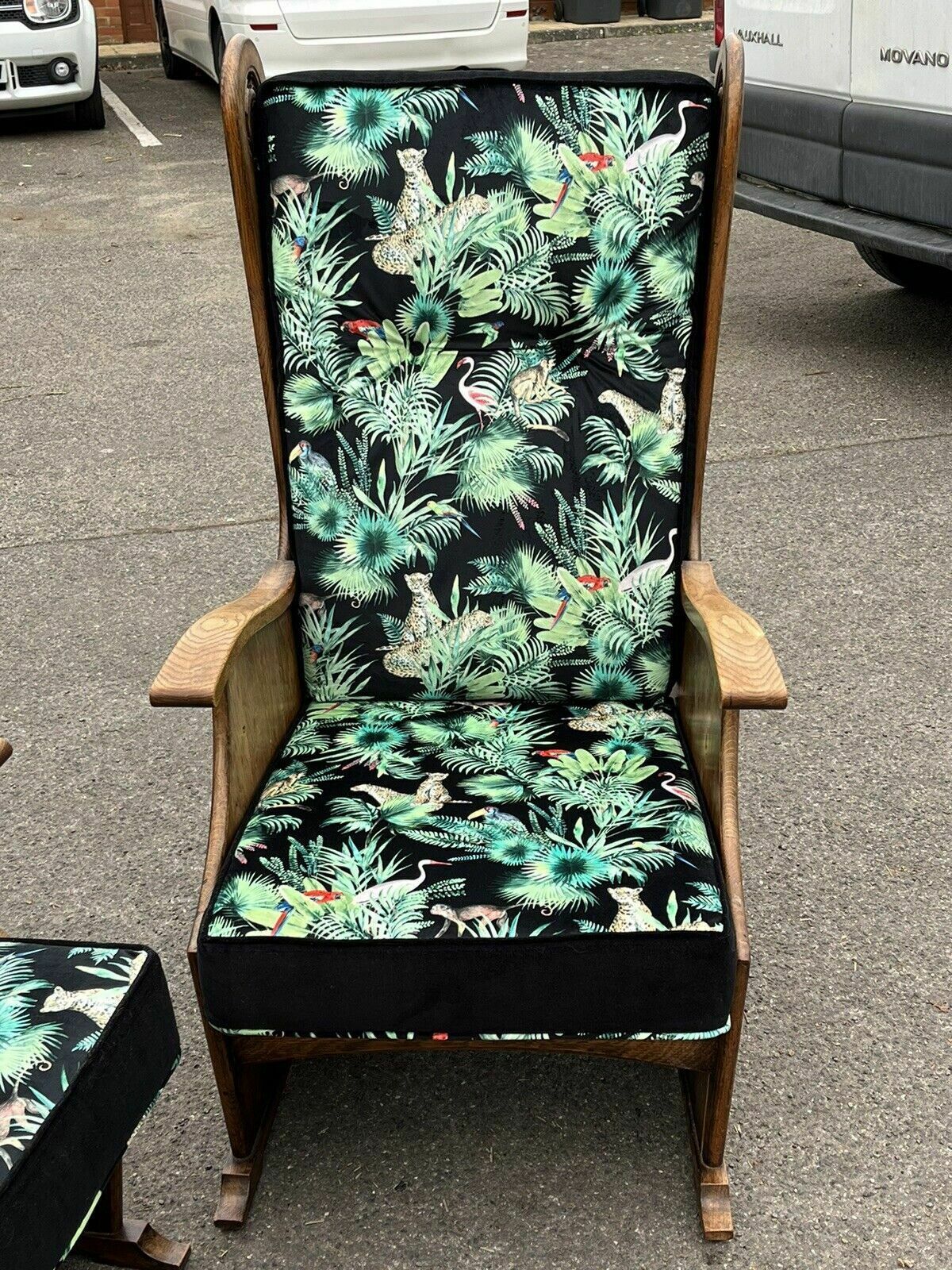 photo for sale Mid Century Oak Armchairs Newly Upholstered In A Bright Jungle Print.