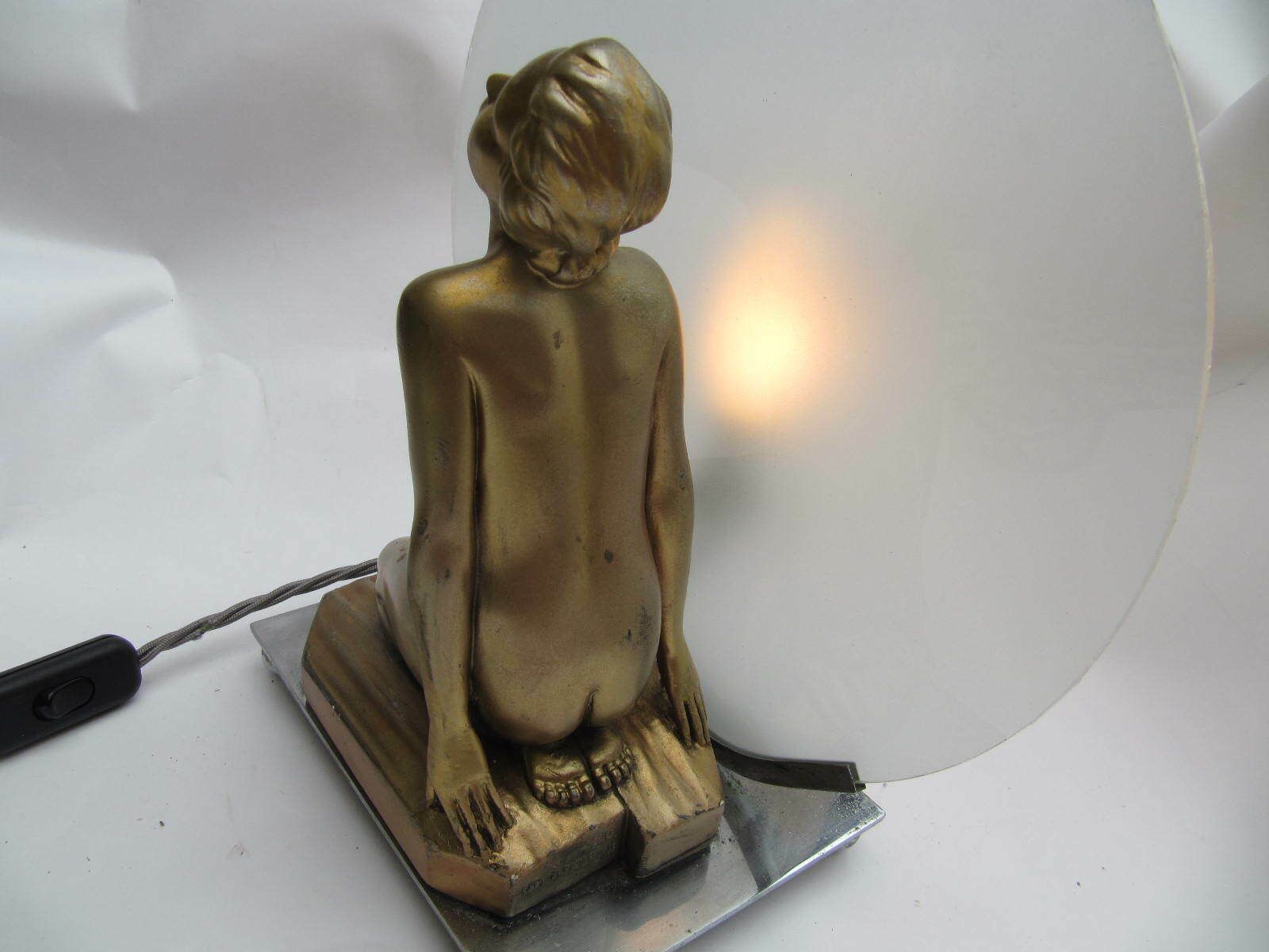 Art Deco Large Lamp Gilt Lady Figurine Kneeling, Circular Glass Diffuser, On Chrome Base photo for sale