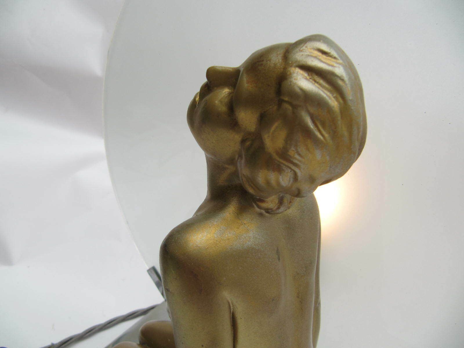 Art Deco Large Lamp Gilt Lady Figurine Kneeling, Circular Glass Diffuser, On Chrome Base photo Lighting