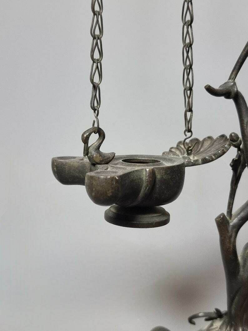 Antique Bronze Oil Lamp, Grand Tour, Stork, Snake, 19th Century photo for sale