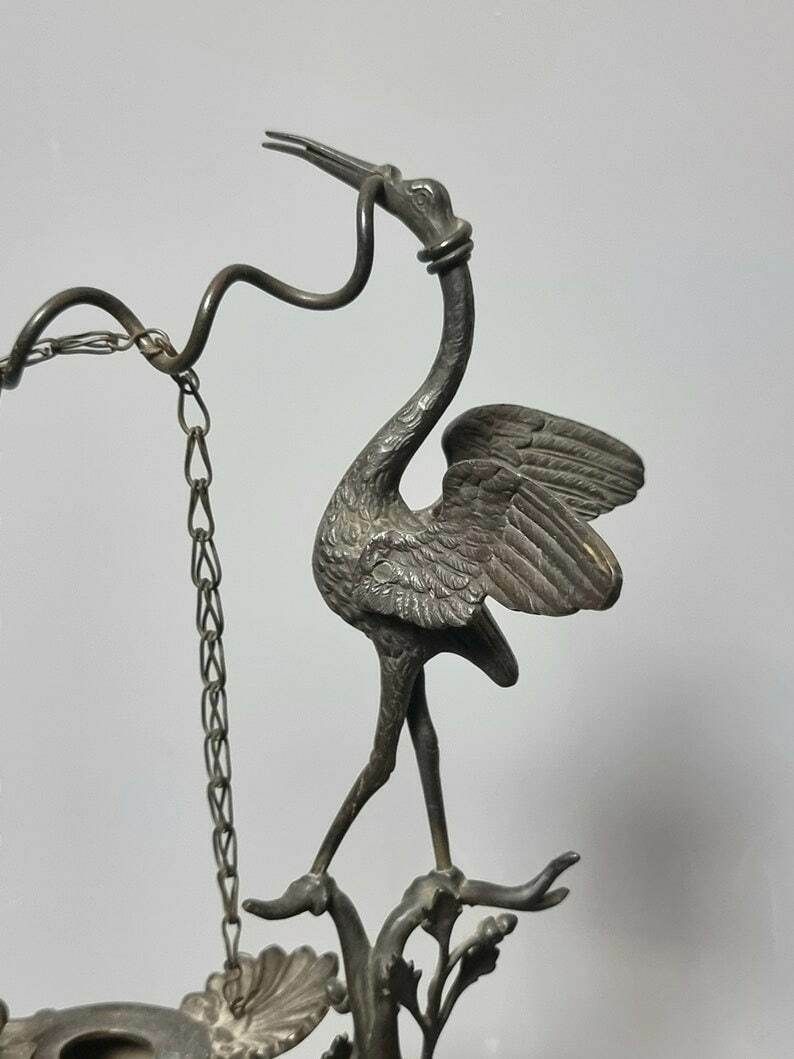 Antique Bronze Oil Lamp, Grand Tour, Stork, Snake, 19th Century photo buy