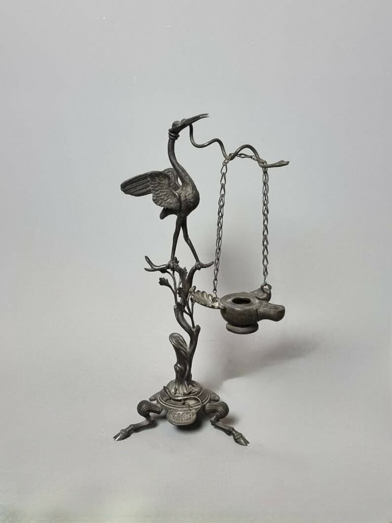 photo furniture Antique Bronze Oil Lamp, Grand Tour, Stork, Snake, 19th Century