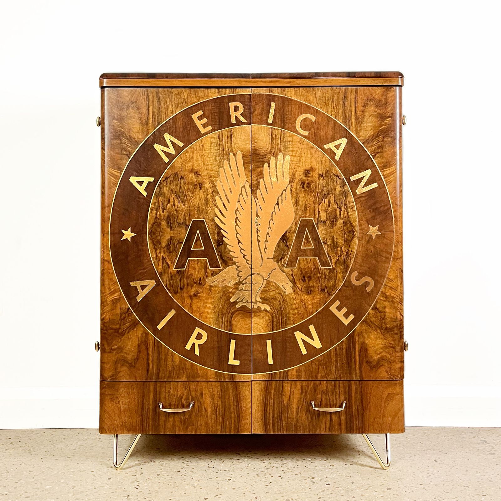 Mid Century Cocktail Cabinet By Turnidge In Walnut With Lighting And Maximalist Vintage American Airlines Travel Design