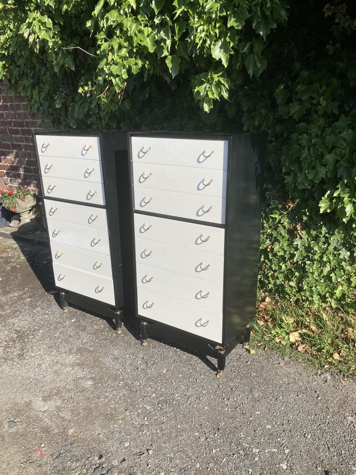 595.0 Pair Of Mid Century G Plan Black And White Tallboy Chest Of Drawers photo