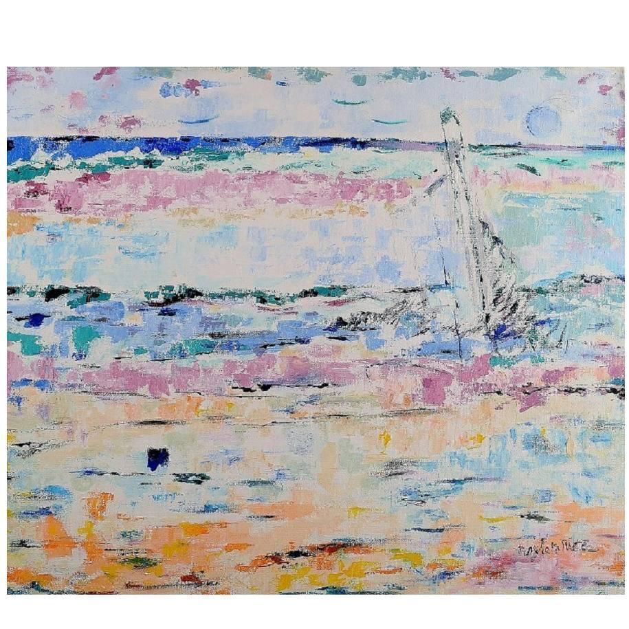 Ray Letellier, French Artist, Sailing Ship At Sea, Oil On Canvas