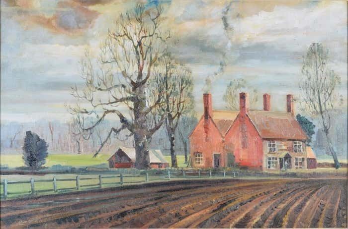 Ralph Gillies Modern British Oil Painting "Farmhouse By Lane", Ralph Gillies 1964 photo Art