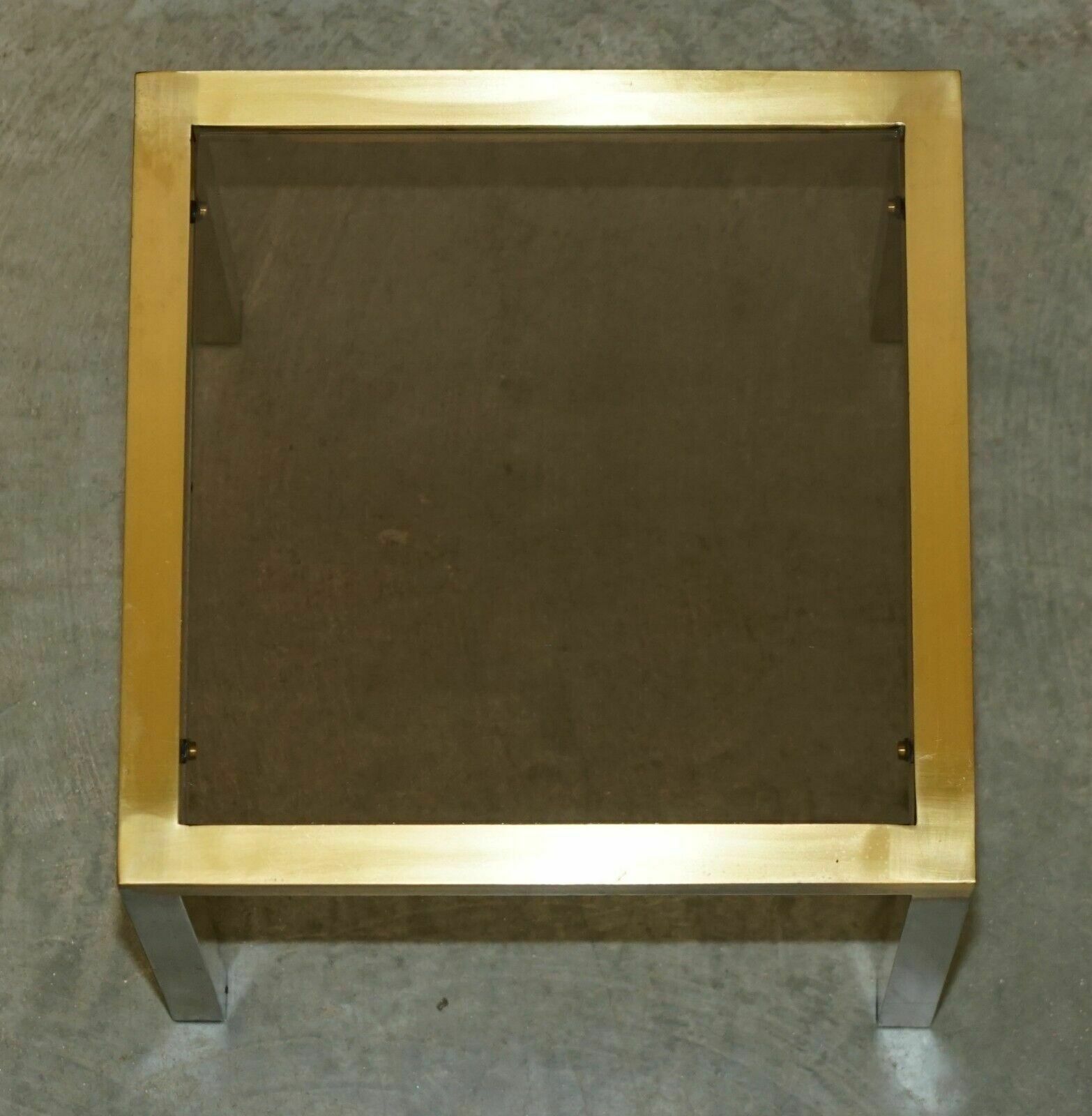 photo for sale Four Mid Century Modern Maison Jansen Paris Style Brass Smoked Glass Side Tables