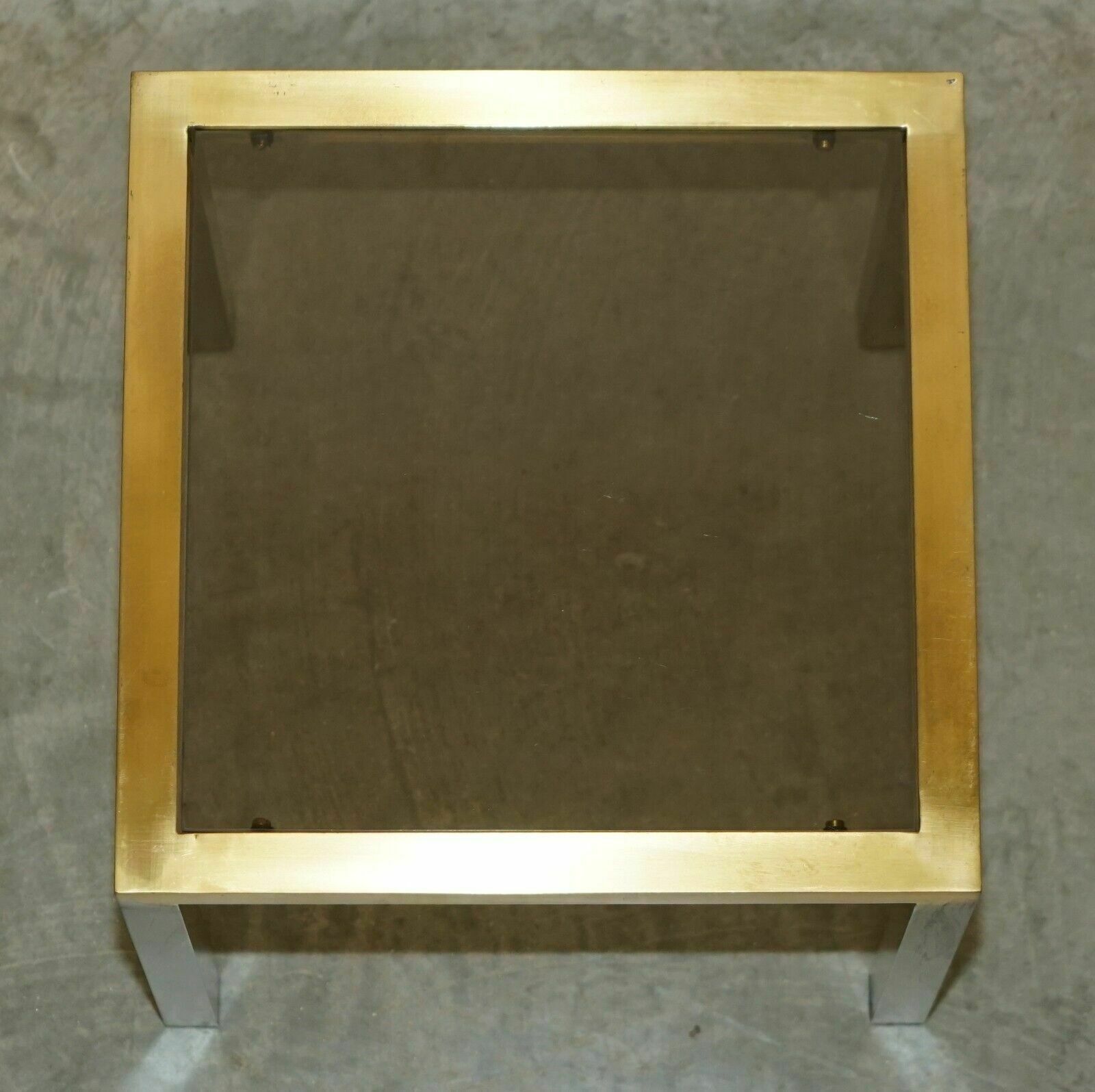 photo vintage Four Mid Century Modern Maison Jansen Paris Style Brass Smoked Glass Side Tables