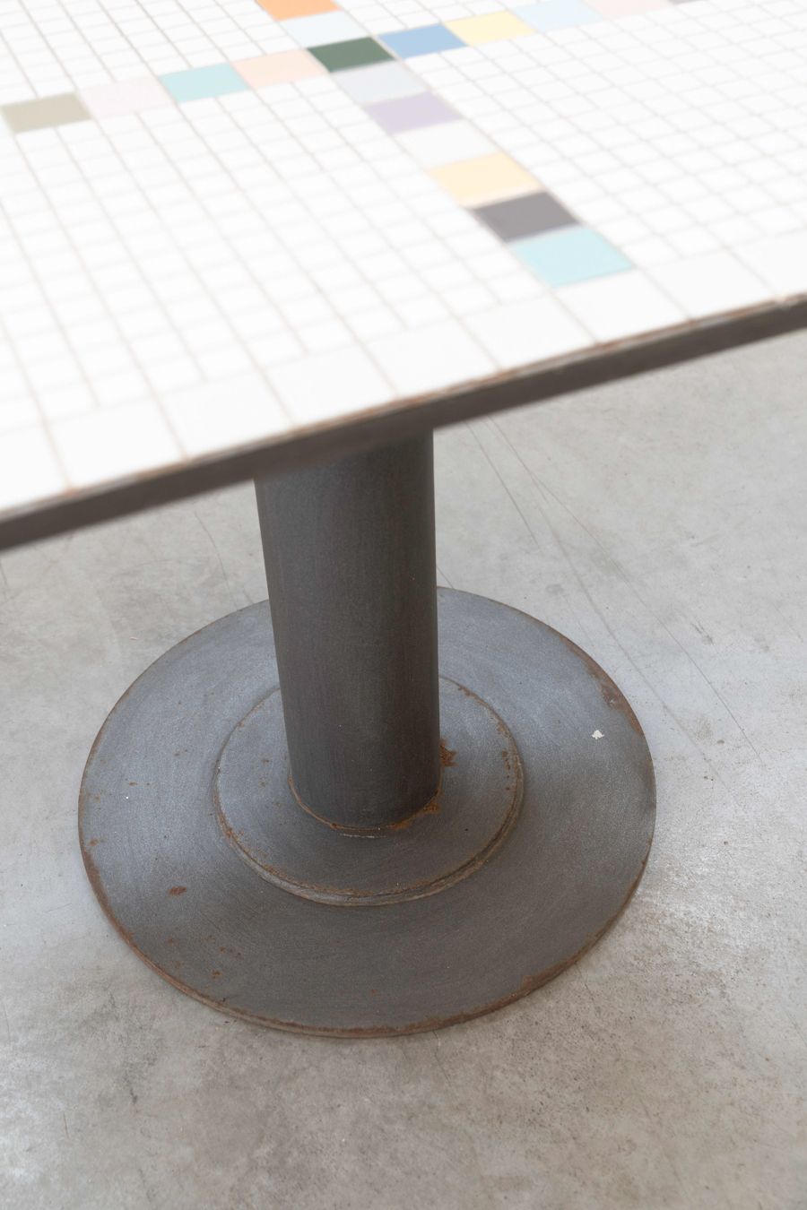 Table With Tiled Mosaic Top, Single Flat Central Leg, Round In Iron, 1950 photo furniture
