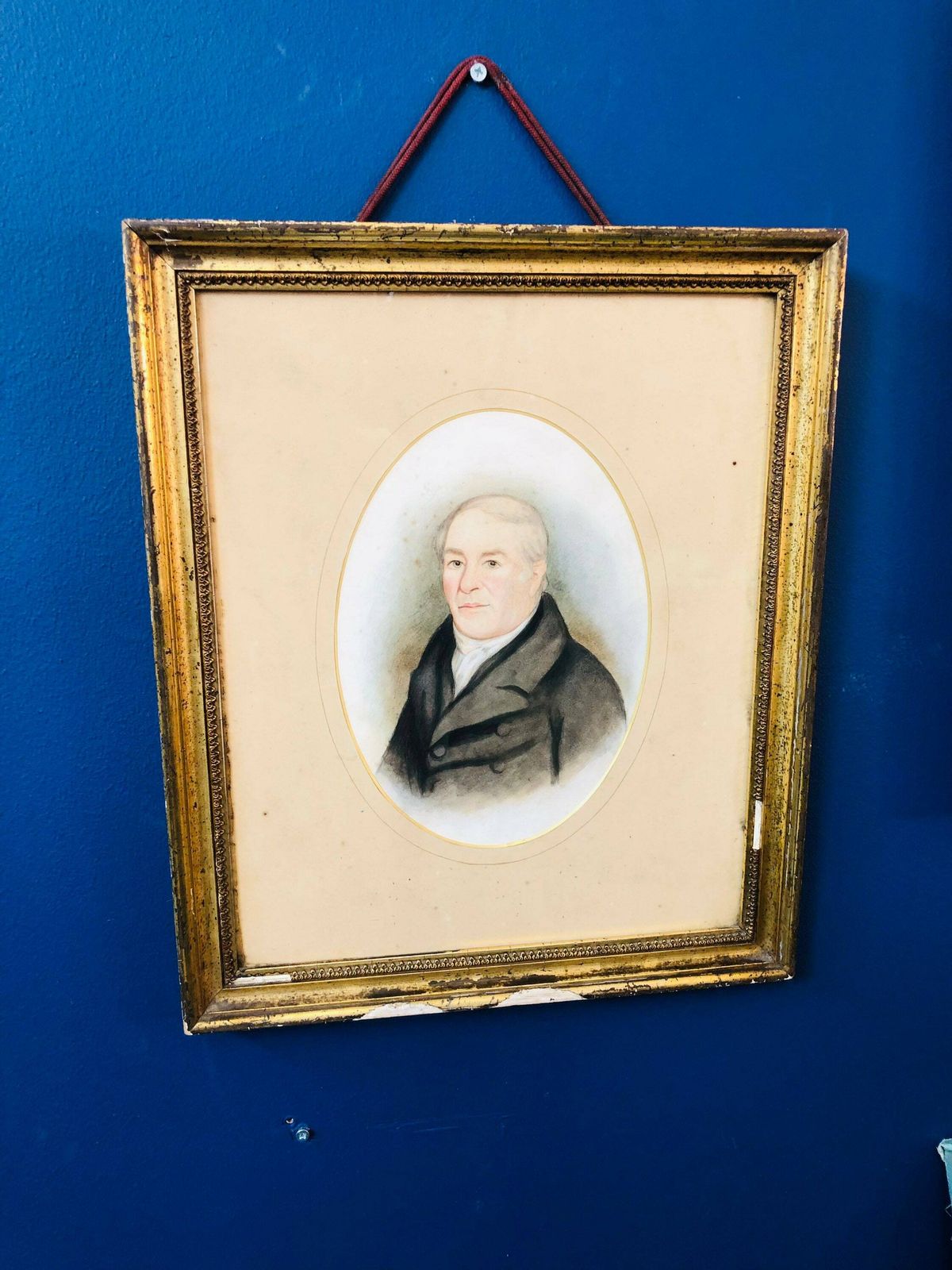 Antique 19th Century Watercolour Depicting A Smartly Dressed Gentleman   England English Suffolk Gilt Worn Antique Frame   Portrait Of Man