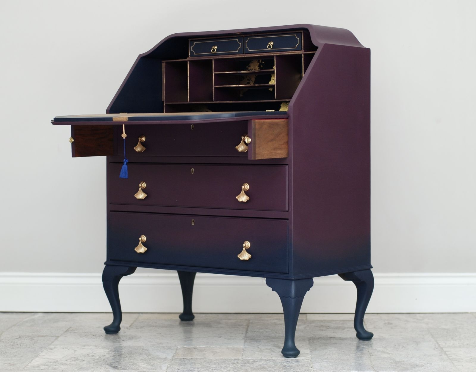 Queen Anne Style Ombre Writing Bureau In Deep Purple And Blue