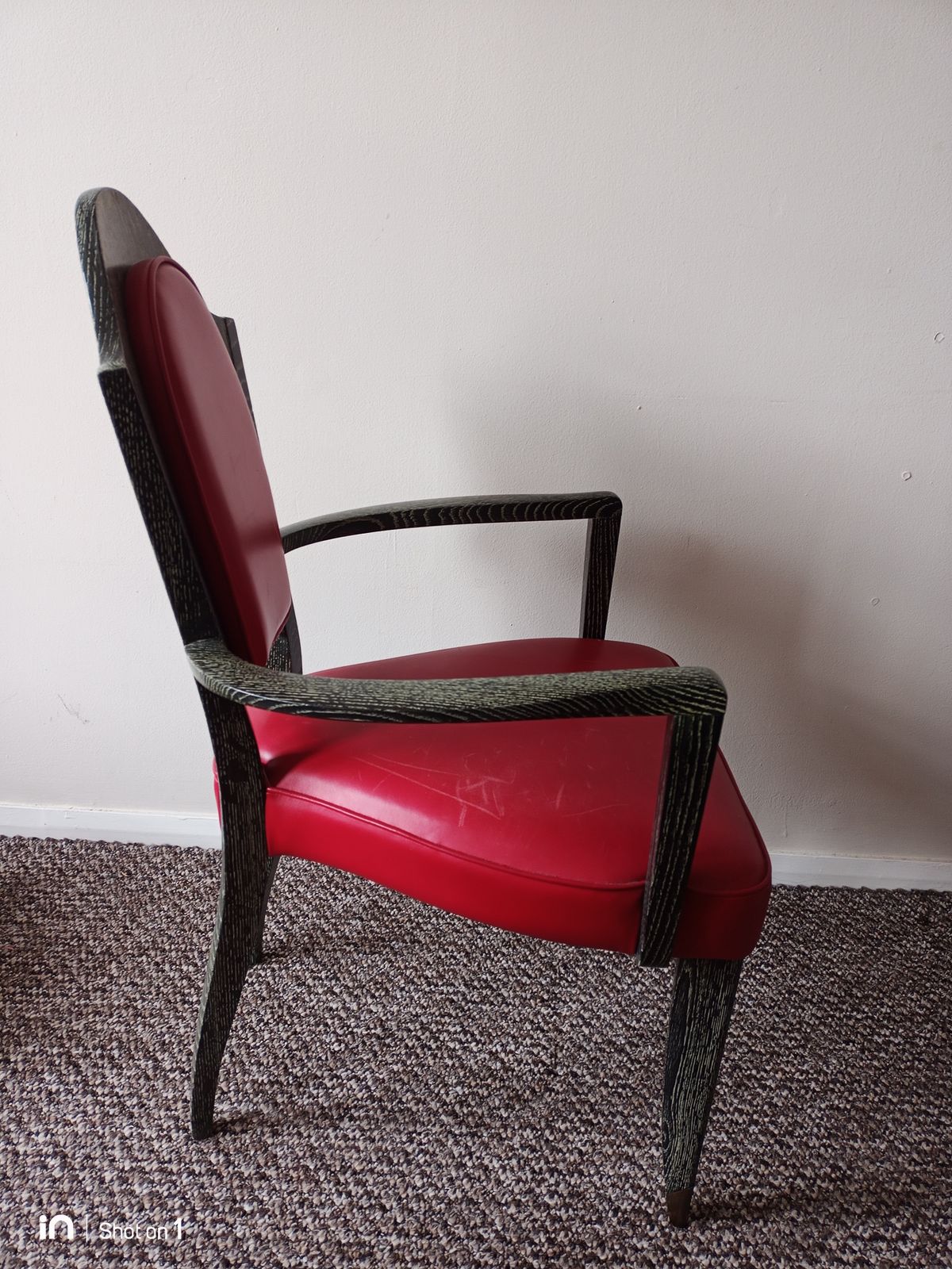 French Late Art Deco Chairs, Limed Oak Wood Frames, Red Leather Upholstery. 1940's. Set Of 4 photo vintage