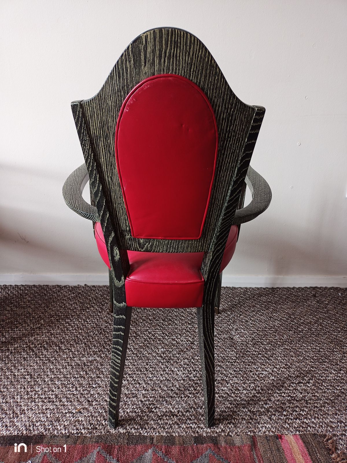 Furniture French Late Art Deco Chairs, Limed Oak Wood Frames, Red Leather Upholstery. 1940's. Set Of 4 photo