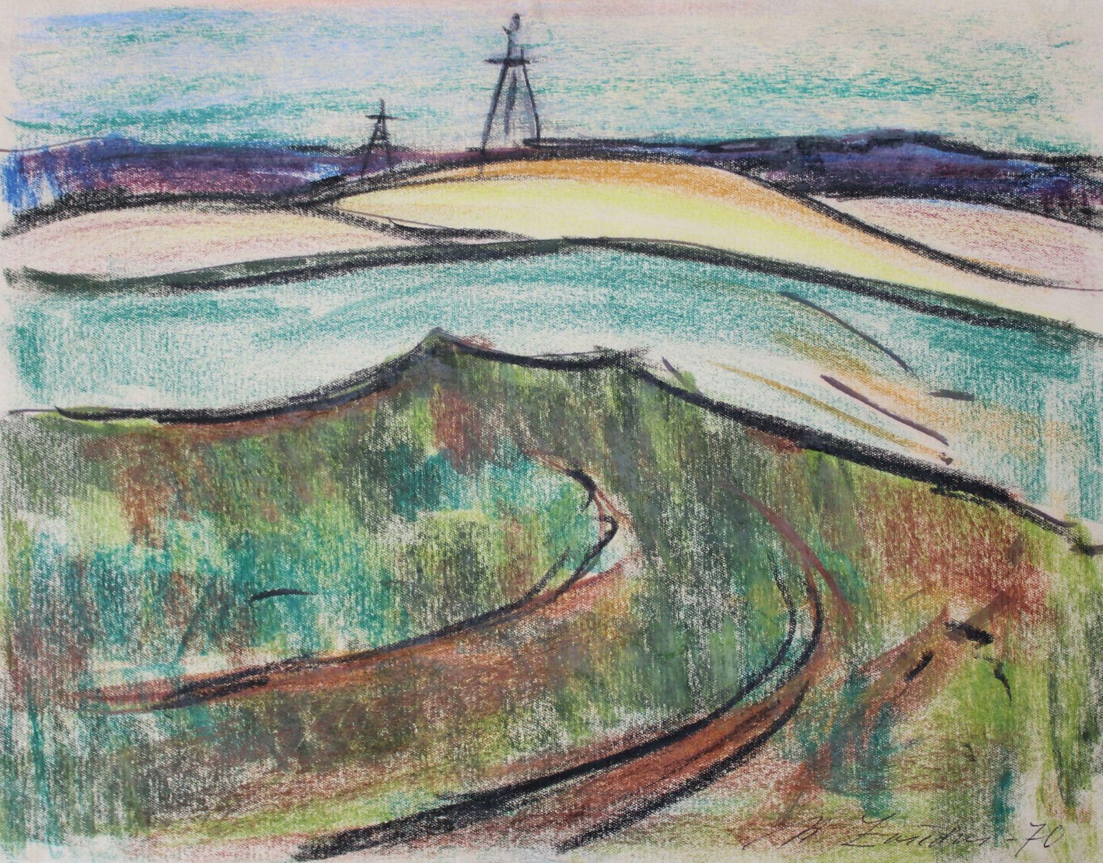 Aleksandrs Zviedris The Countryside. 1970. Paper, Crayons,  1970 photo vinterior