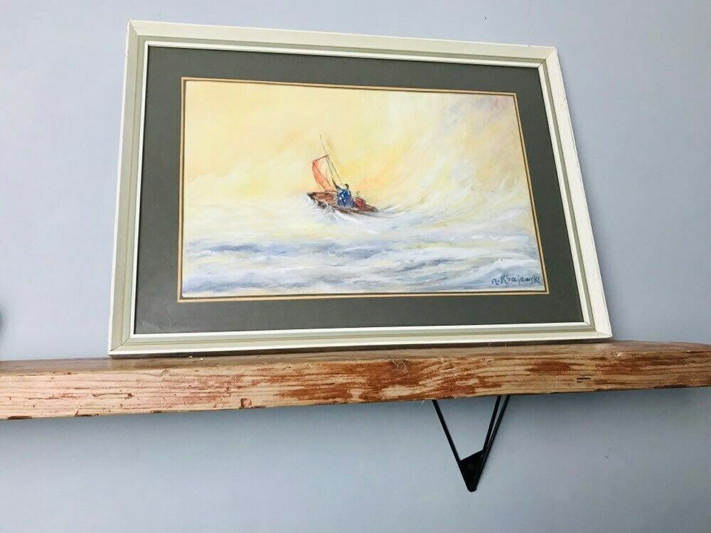 Polish Artist Watercolour Painting Absolutely Fine Example   Sailing Boat Ship Yacht   Large Wooden White Frame (L3)