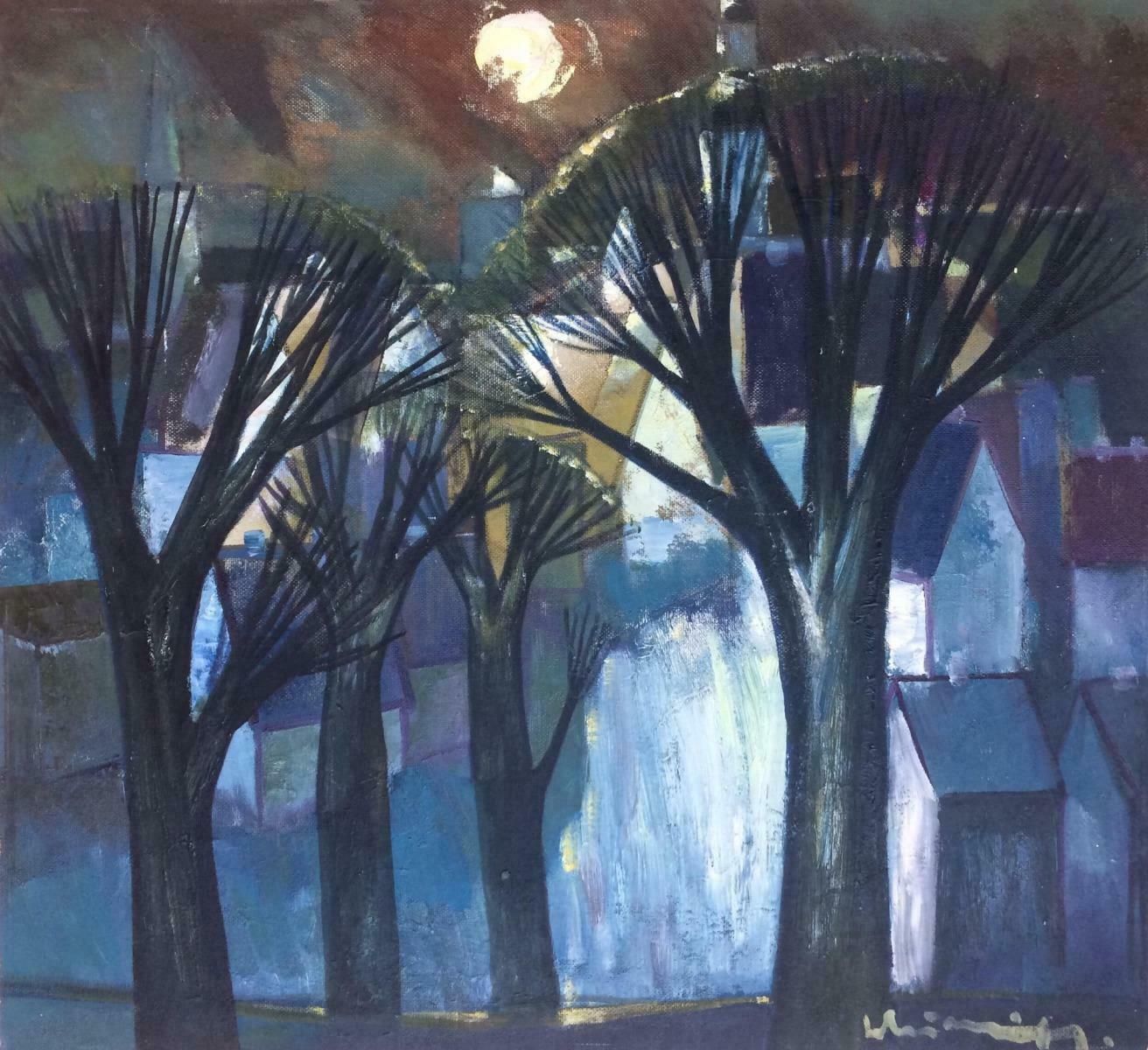 Laimdots Murnieks City At Night 1995, Oil On Cardboard