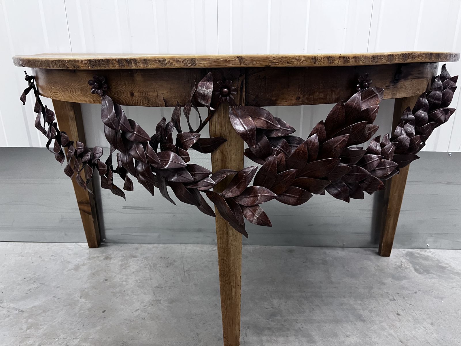 Demi Lune Pine Italian Console With Broad Metal Leafy Adorn