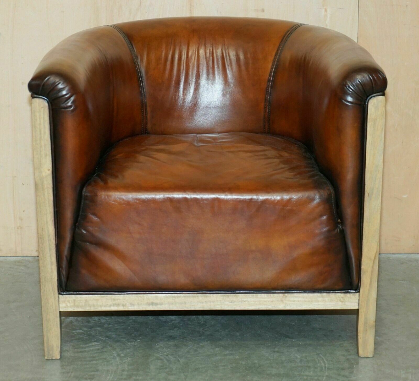 Pair Of Fully Restored Stitched Brown Leather Limed Oak Tub / Club Armchairs photo for sale
