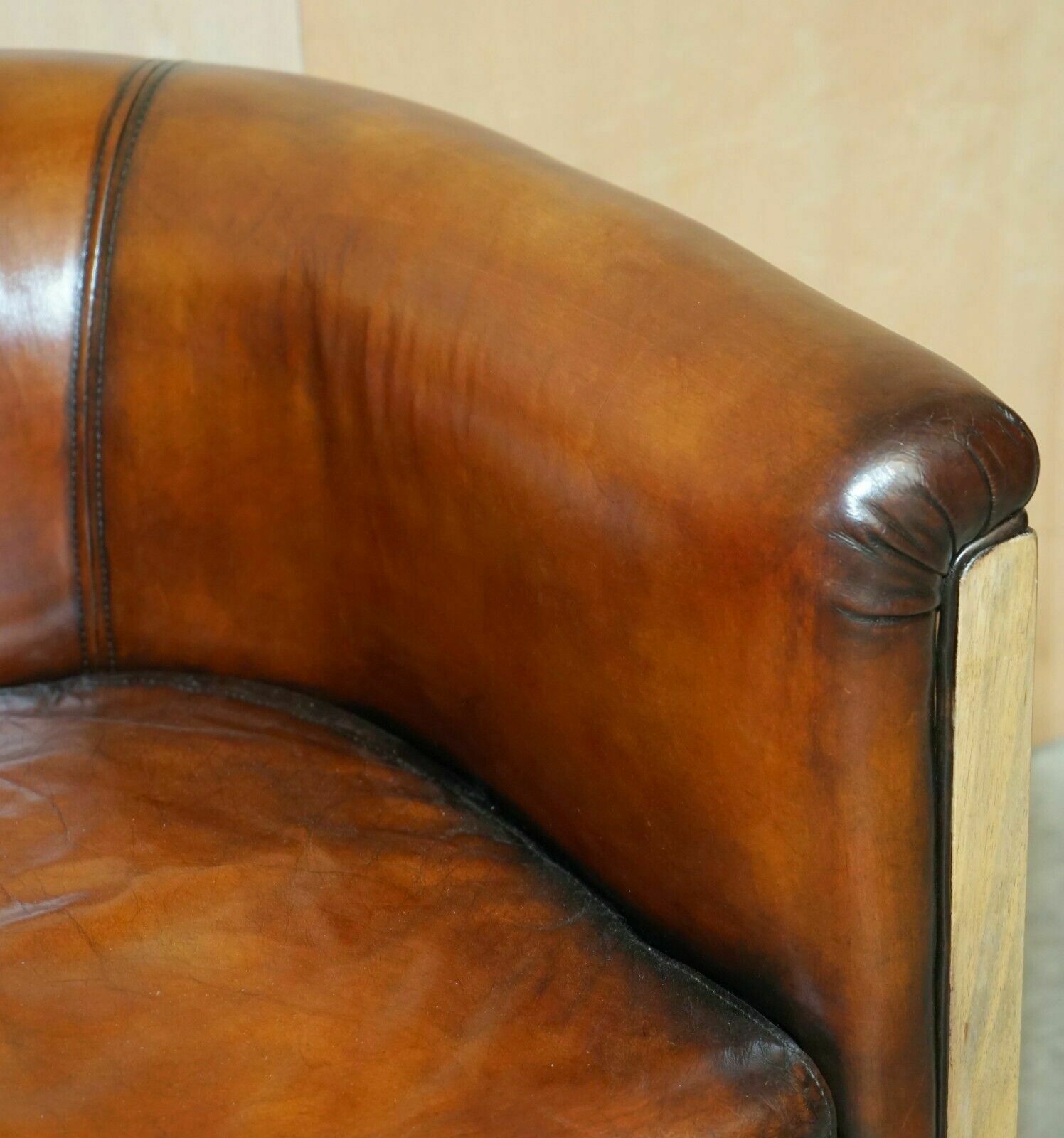 Pair Of Fully Restored Stitched Brown Leather Limed Oak Tub / Club Armchairs photo buy
