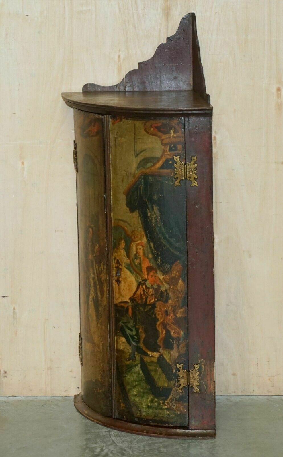 photo buy Pair Of George I Circa 1700 Henry VIII Polychrome Painted Corner Wall Cabinets