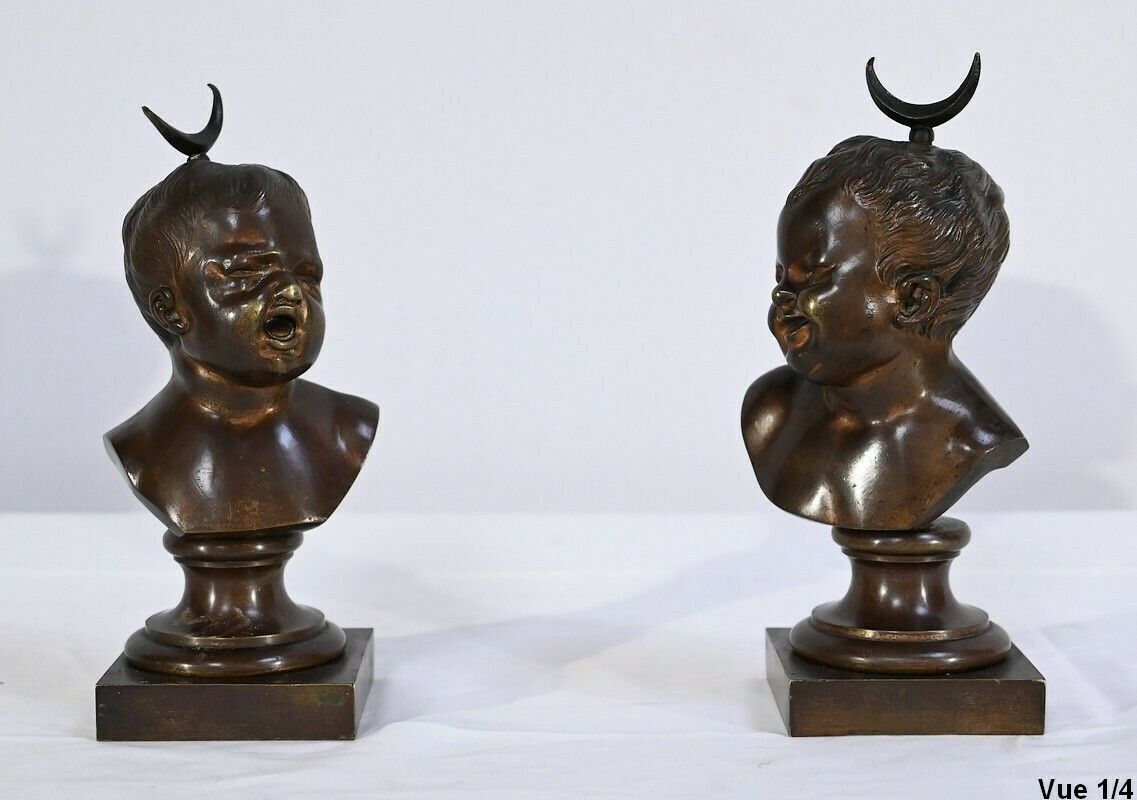 Pair Of Bronzes "Laughing Jean, Crying Jean", After Ja.Houdon   Late 19th Century photo Art