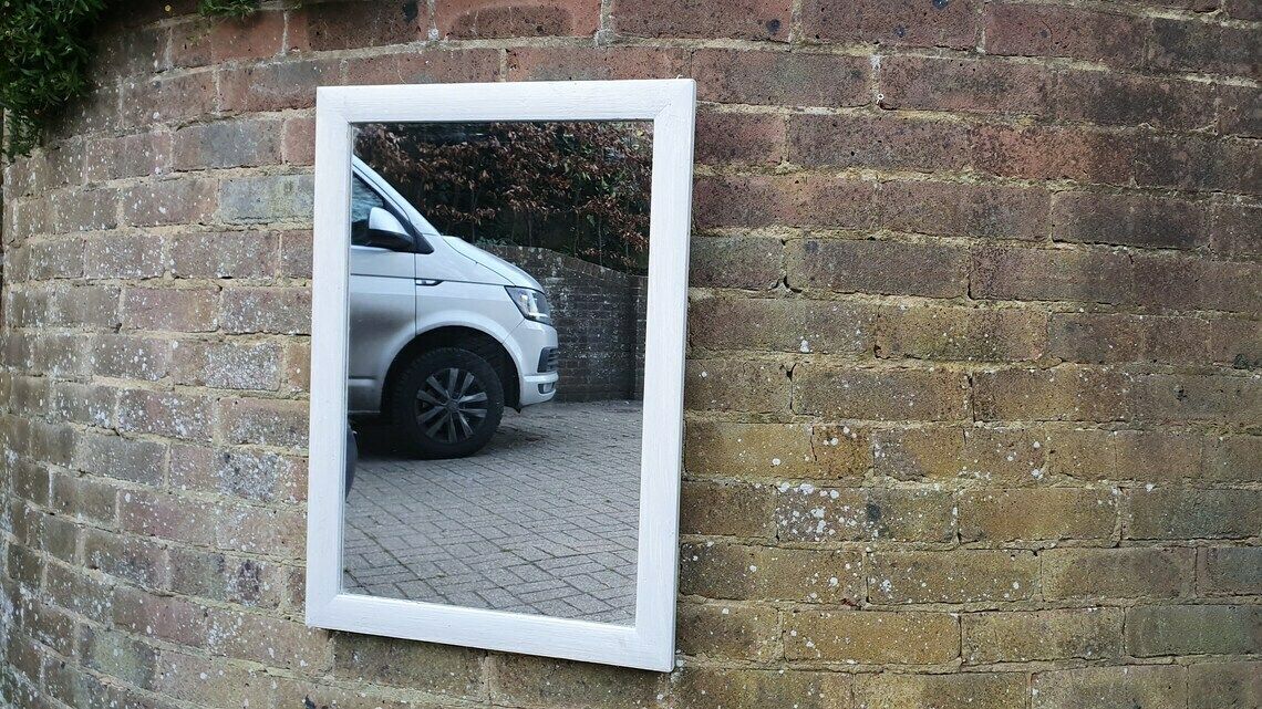 Unique Hand Painted Bespoke Mirror In Farrow And Ball White And French Chic Grey photo for sale