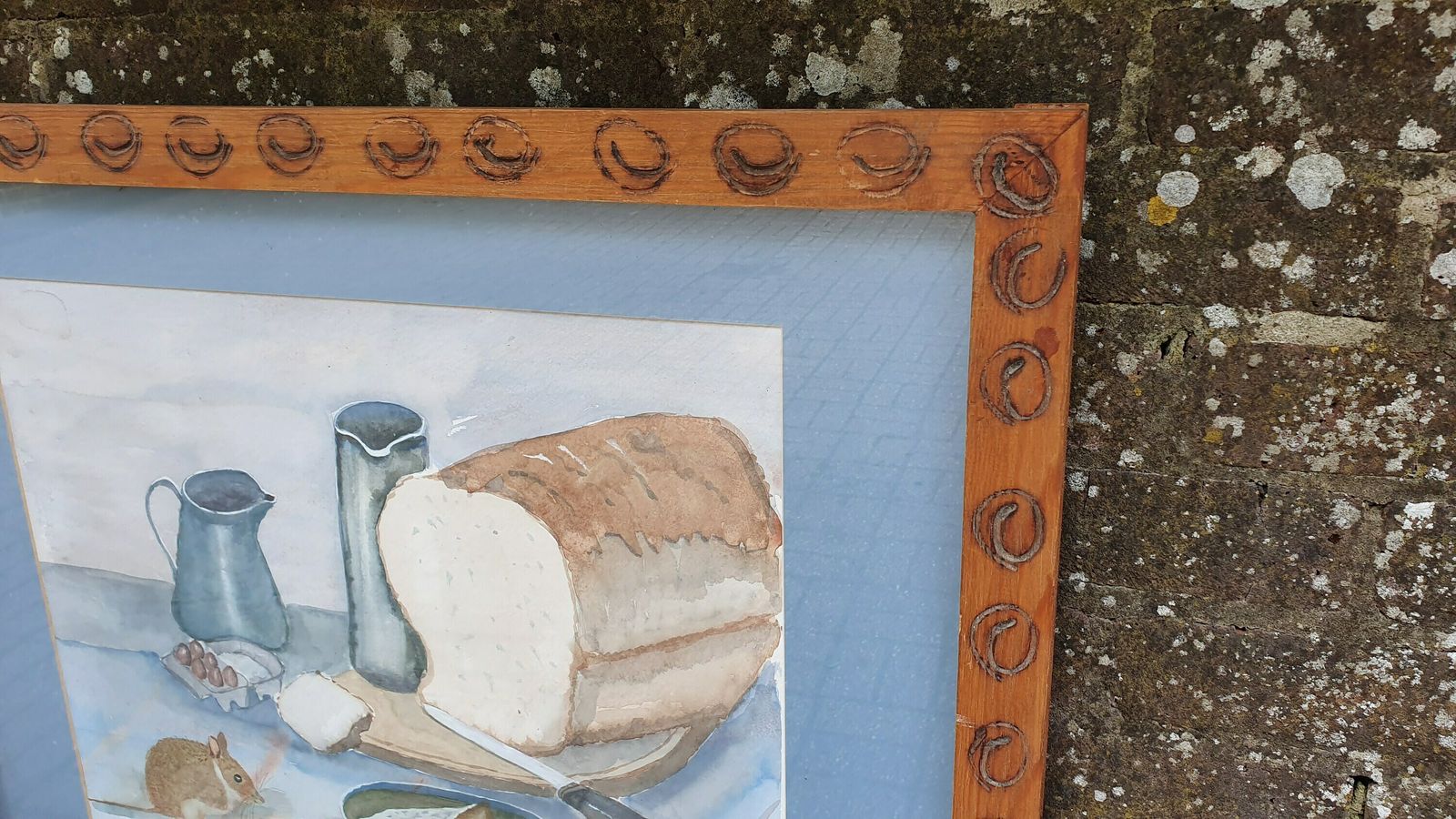 Very Large Bold And Imposing 70’s Or 80’s Quirky Still Life Watercolour Cheese Wine And Mouse. photo 95.0