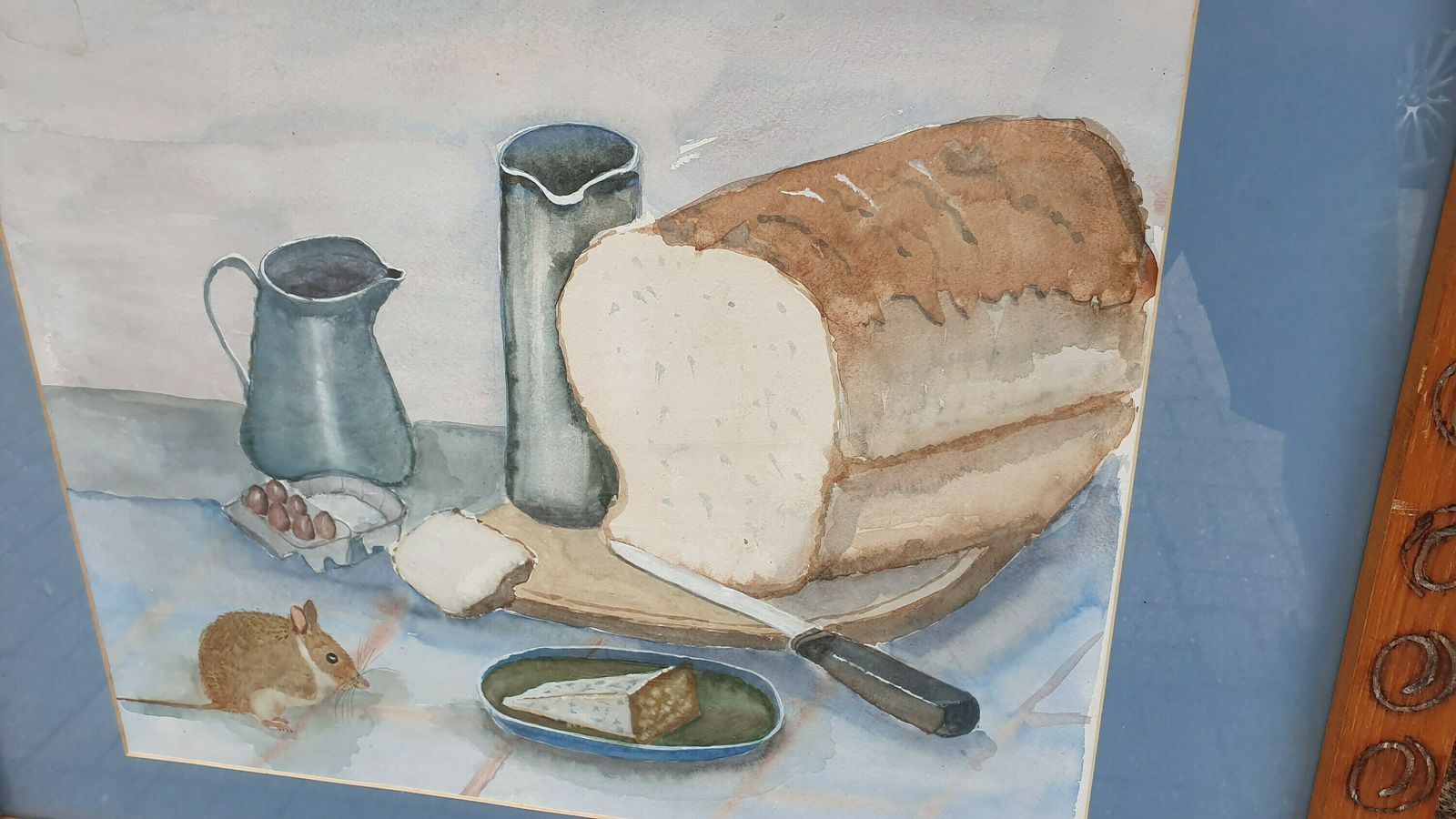 Very Large Bold And Imposing 70’s Or 80’s Quirky Still Life Watercolour Cheese Wine And Mouse. photo buy