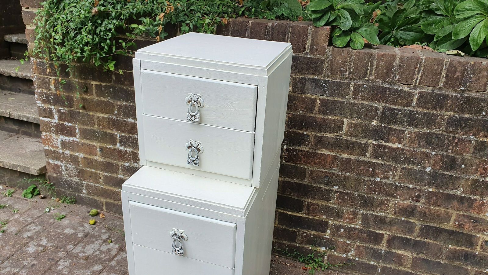 Thin Vintage Painted Shabby Chic Oak Flight Or Chest Of Drawers Farrow And Ball Storage photo for sale