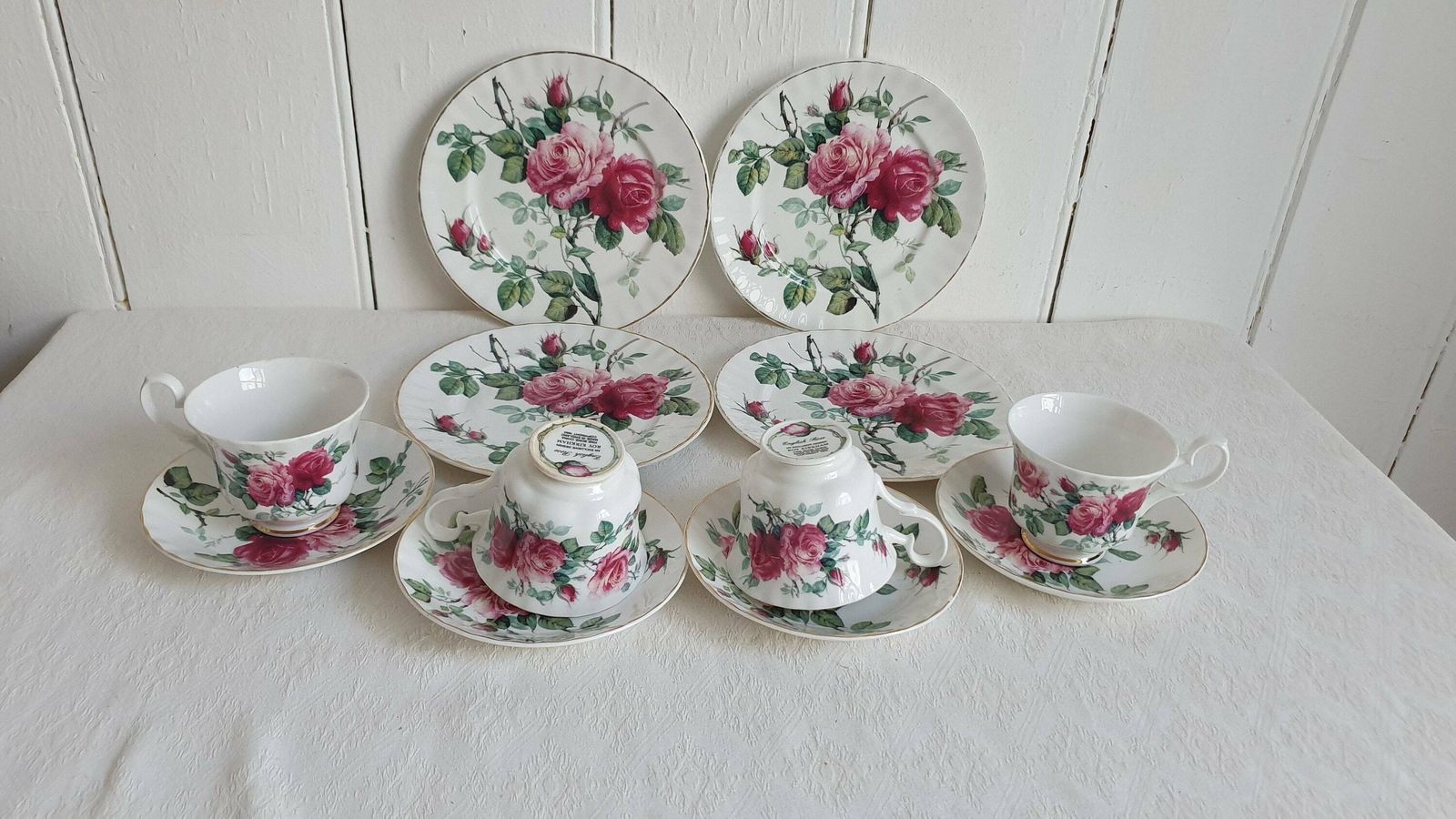 Delightful Set Of 4 Rose Cups Saucers And Large Tea Plates ‘English Rose’ Tea Set Exclusive Design Roy Kirkham 1992