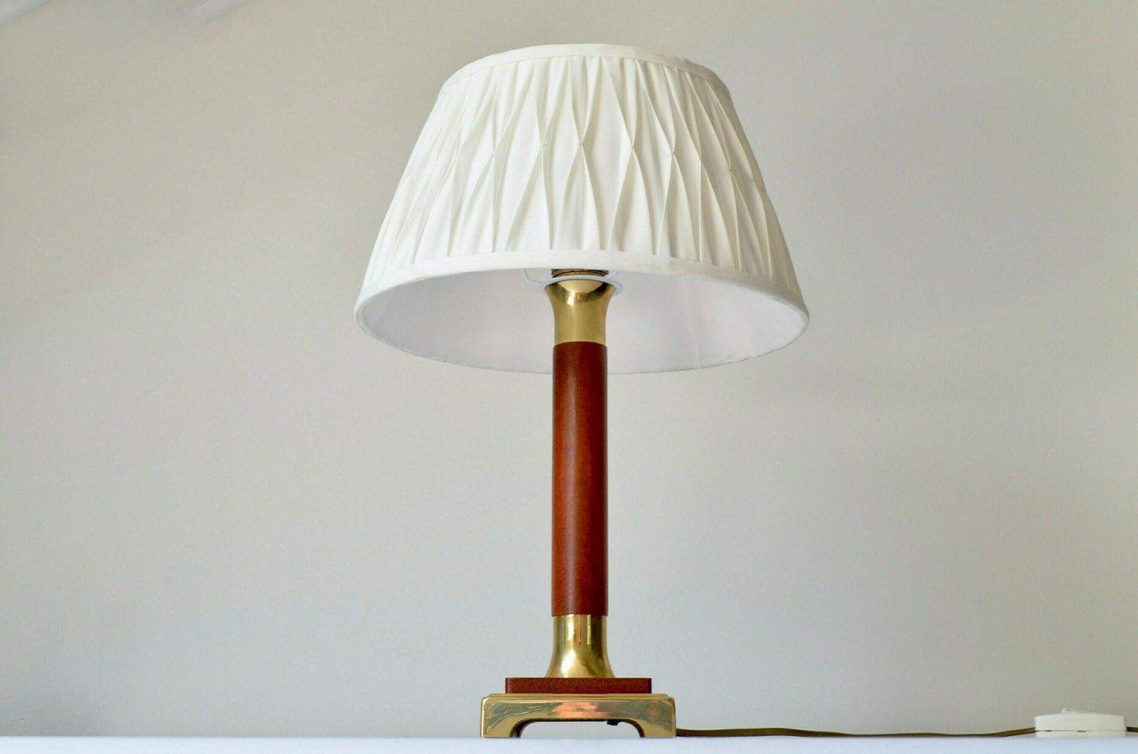 Vintage Brass With Wood Table Lamp With Fabric Pleated Shade Attributed To Temde Leuchten Germany, Hollywood Regency Style 1970s photo furniture