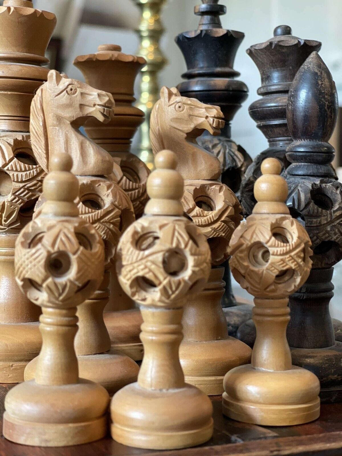 Antique Indian Sandalwood And Ebony Hand Carved Chess Set photo for sale