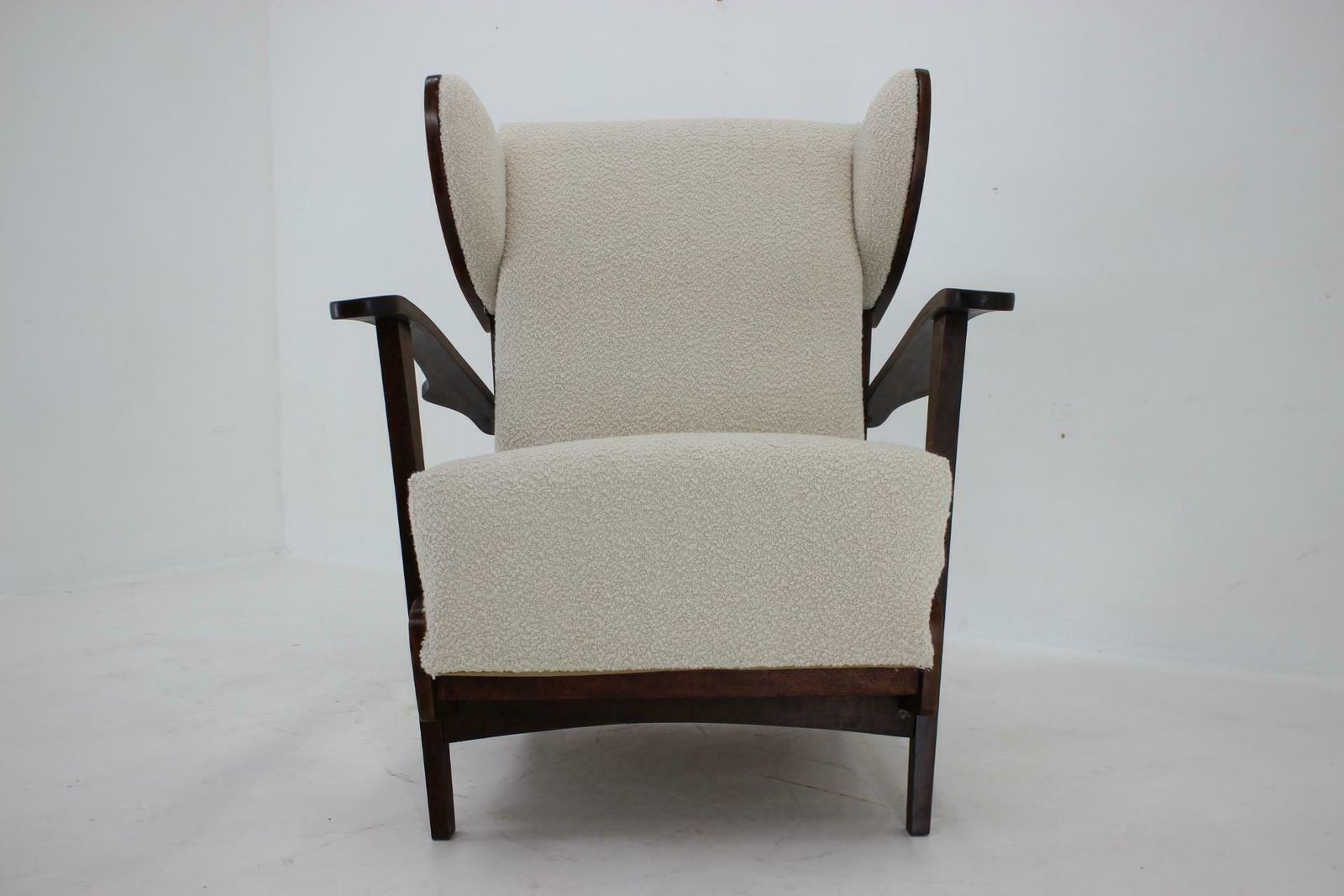 photo for sale 1940s Unique Large Wing Chair In Wool Boucle, Restored
