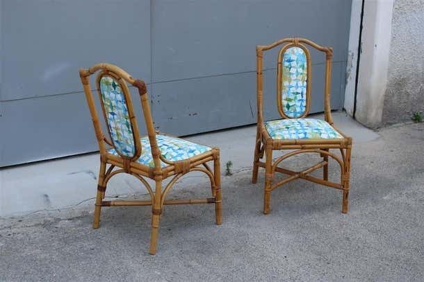 Mid Century Italian Pair Bamboo Chairs Multicoloured Fabric For The Sea photo for sale