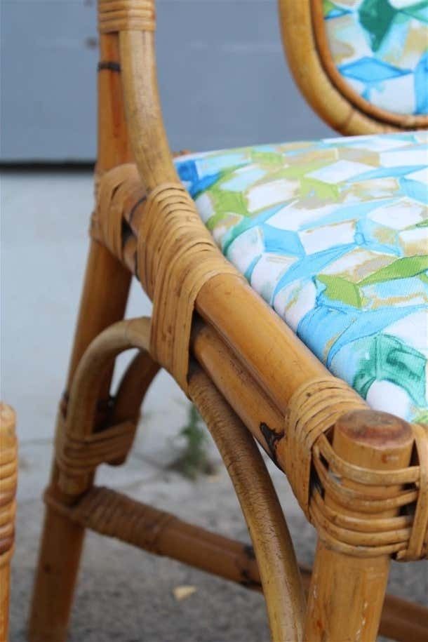 photo vinterior Mid Century Italian Pair Bamboo Chairs Multicoloured Fabric For The Sea