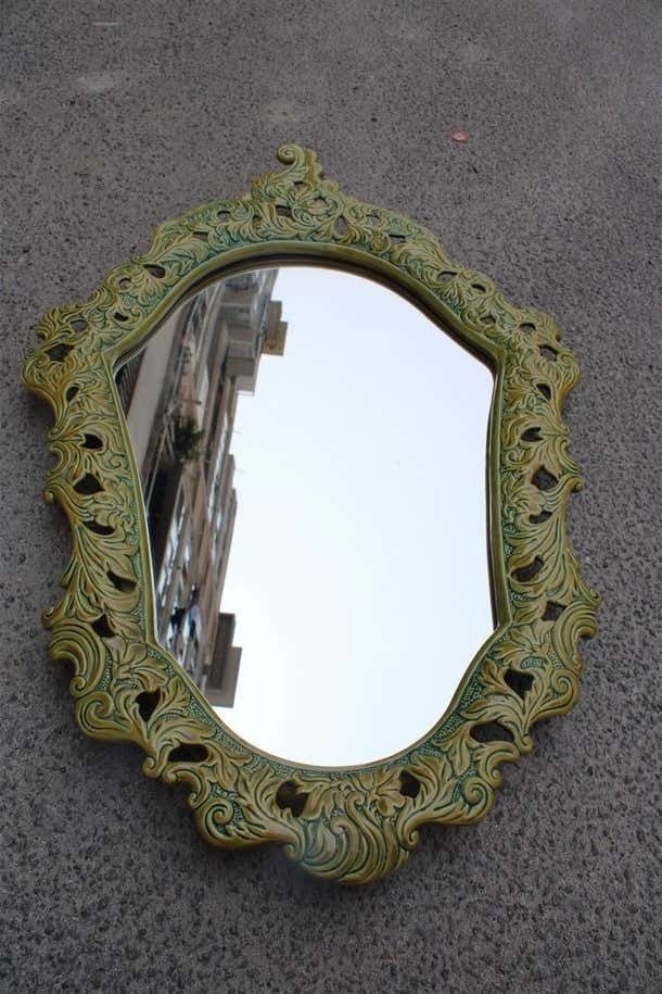 Green Wall Mirror In Pop Art Baroque Ceramic 1950s Made In Italy photo vinterior